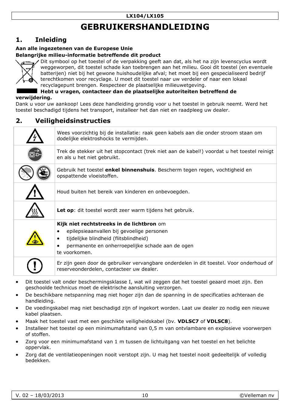 Gebruikershandleiding, Inleiding, Veiligheidsinstructies | Velleman LX104 User Manual | Page 10 / 40