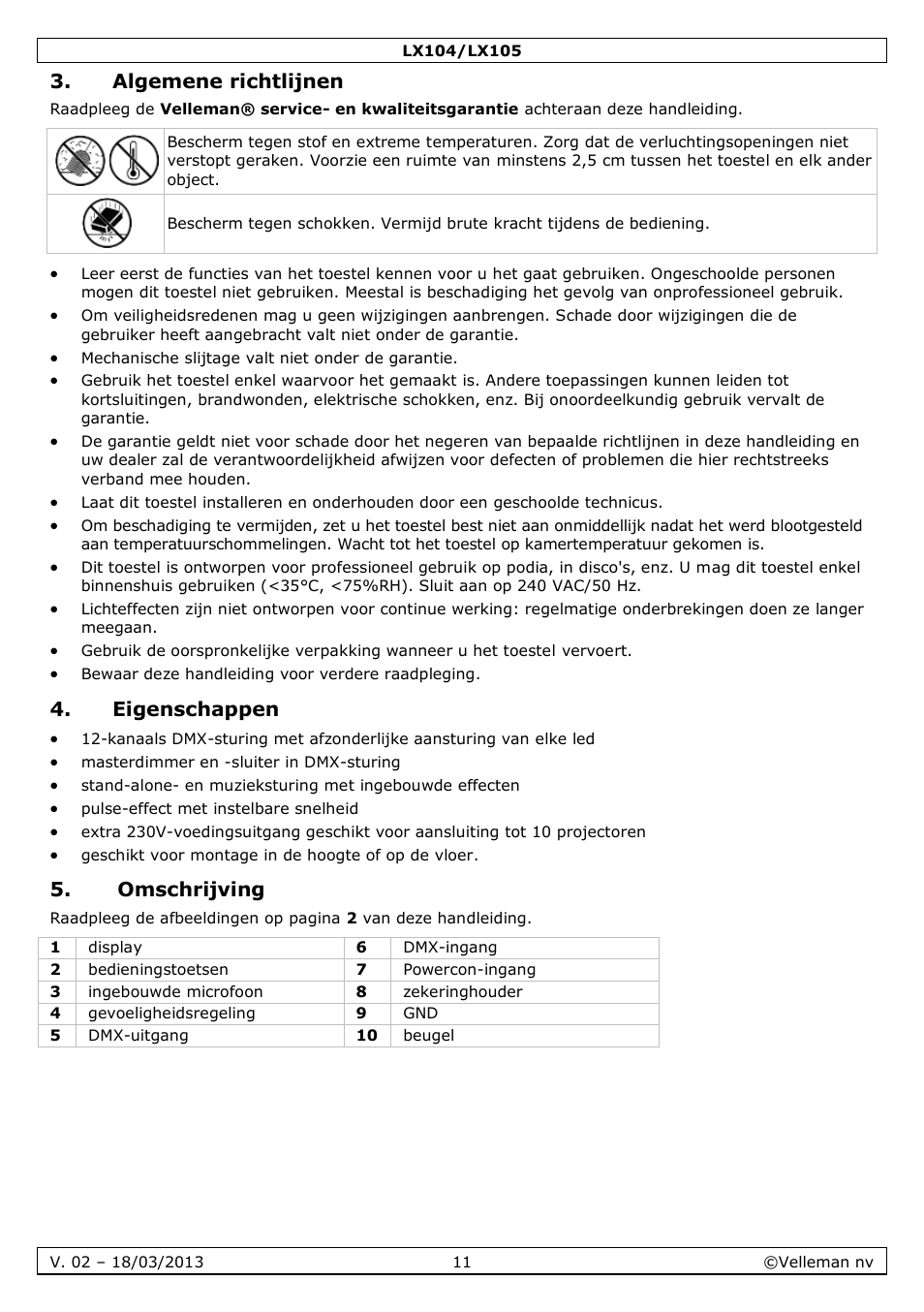 Algemene richtlijnen, Eigenschappen, Omschrijving | Velleman LX104 User Manual | Page 11 / 40