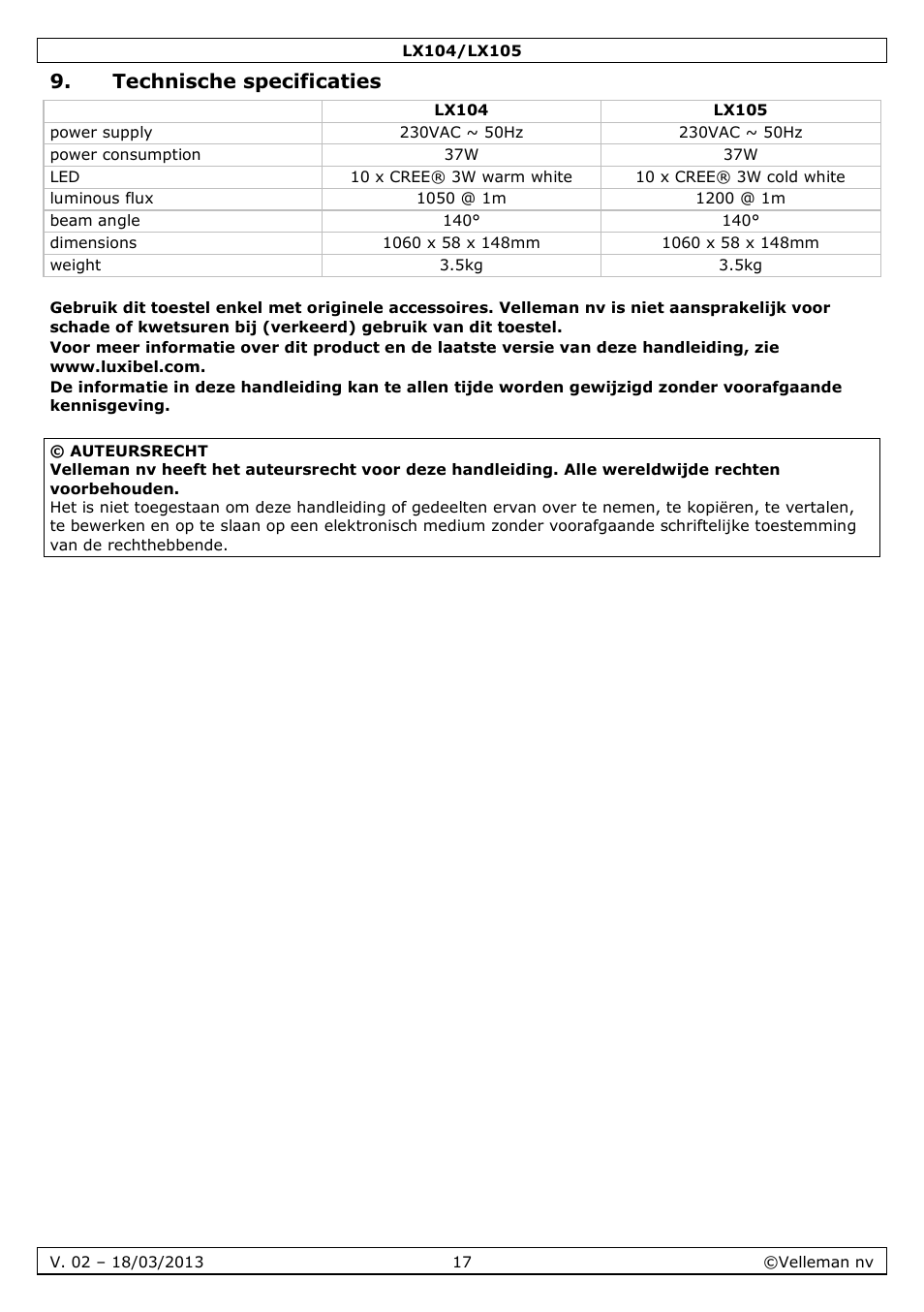 Technische specificaties | Velleman LX104 User Manual | Page 17 / 40