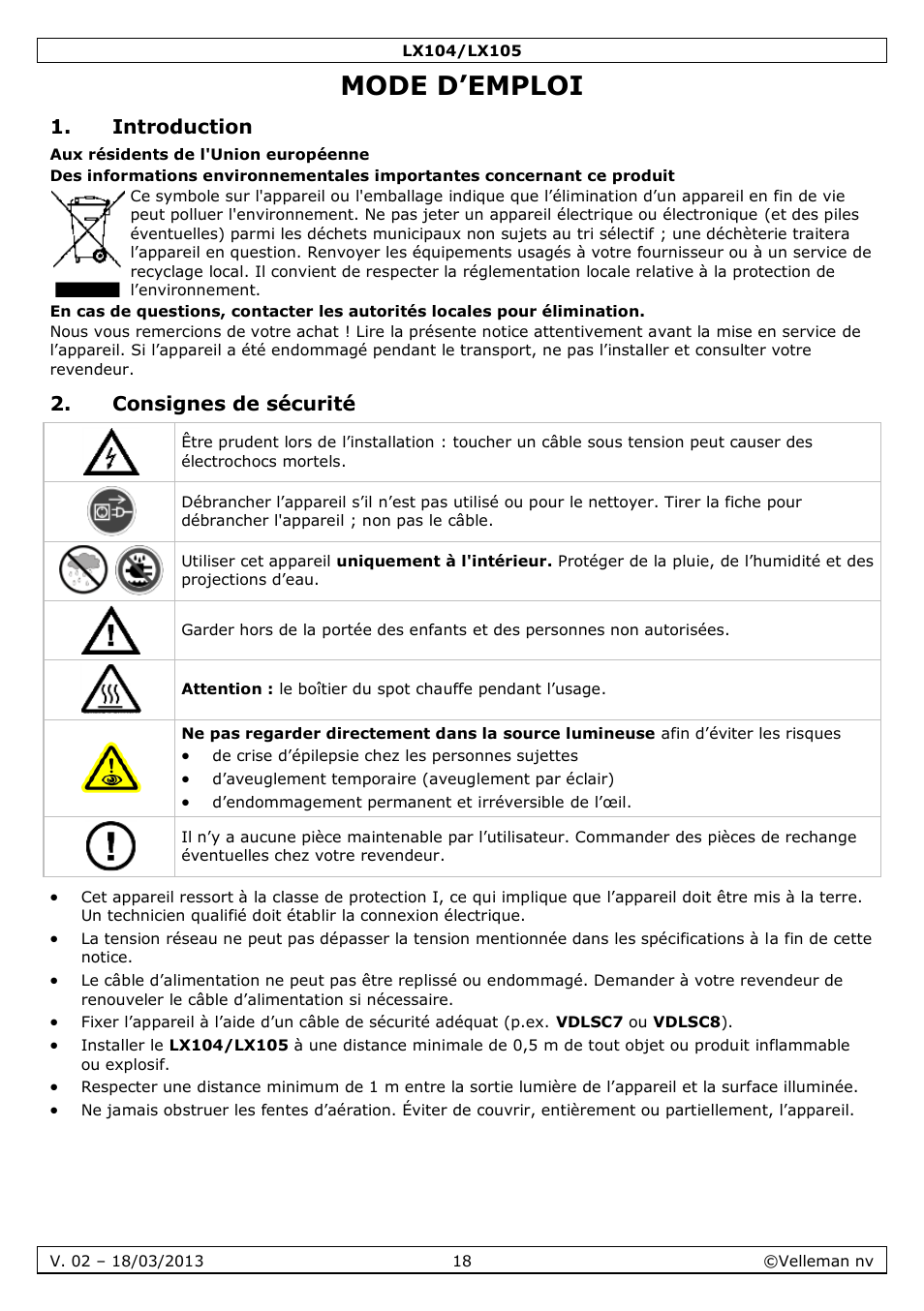 Mode d’emploi, Introduction, Consignes de sécurité | Mode d‟emploi | Velleman LX104 User Manual | Page 18 / 40