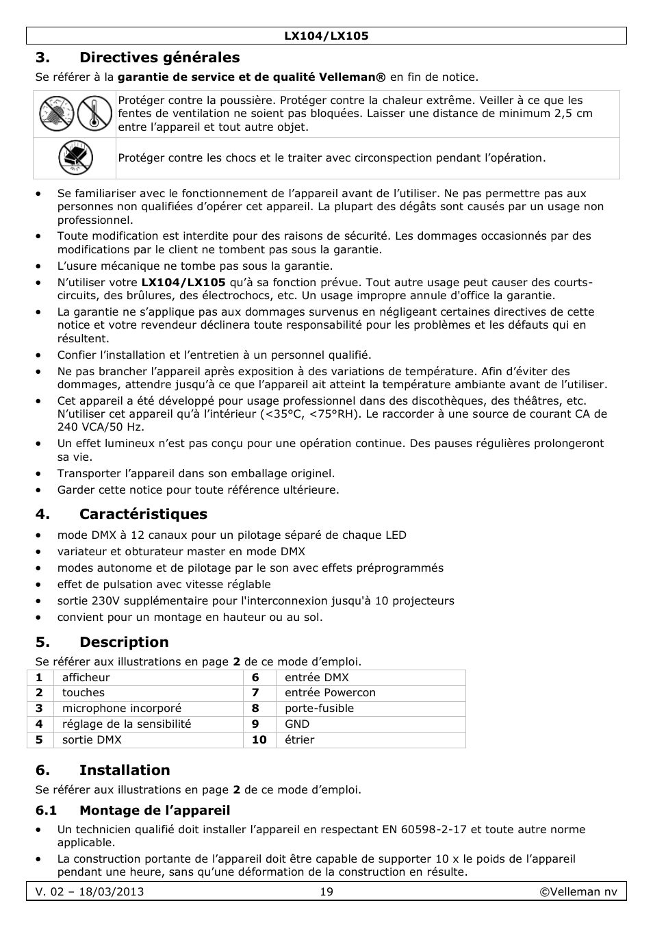 Directives générales, Caractéristiques, Description | Installation, 1 montage de l’appareil | Velleman LX104 User Manual | Page 19 / 40