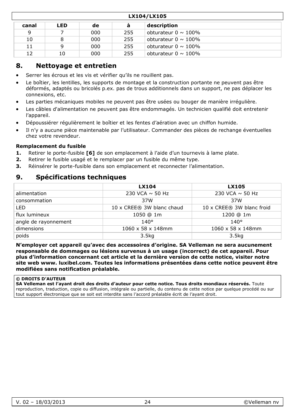 Nettoyage et entretien, Remplacement du fusible, Spécifications techniques | Velleman LX104 User Manual | Page 24 / 40