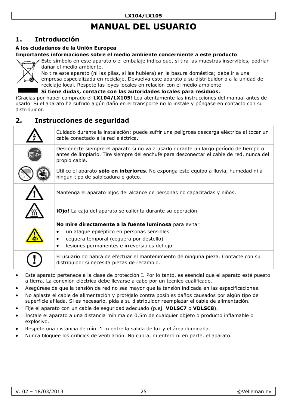 Manual del usuario, Introducción, Instrucciones de seguridad | Velleman LX104 User Manual | Page 25 / 40