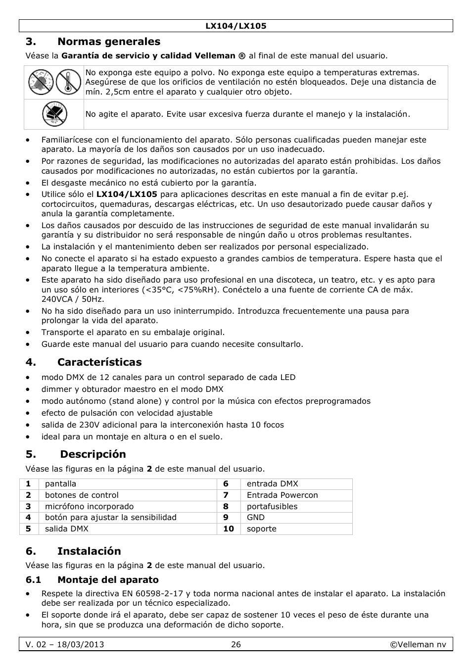 Normas generales, Características, Descripción | Instalación, 1 montaje del aparato | Velleman LX104 User Manual | Page 26 / 40