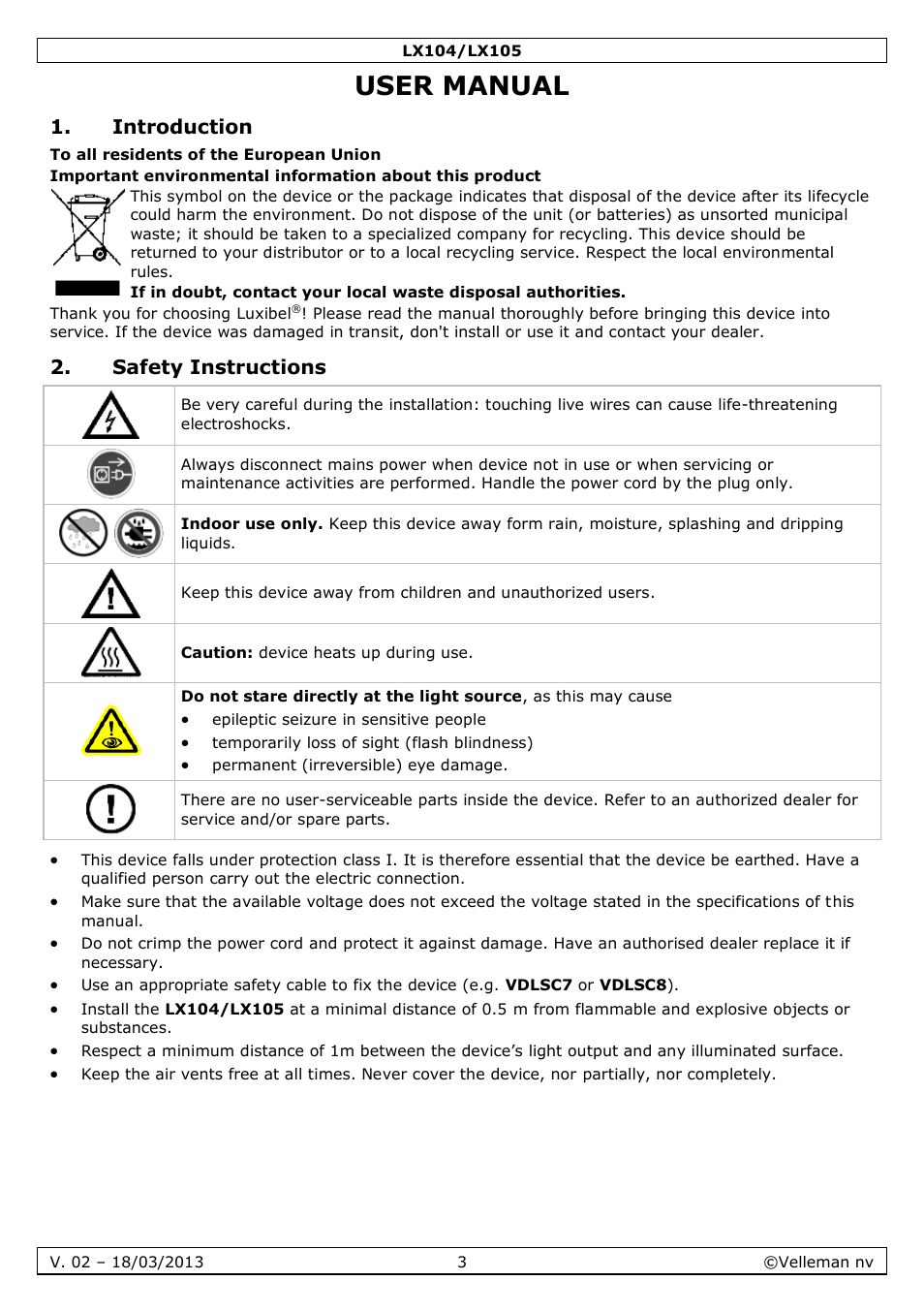 User manual, Introduction, Safety instructions | Velleman LX104 User Manual | Page 3 / 40