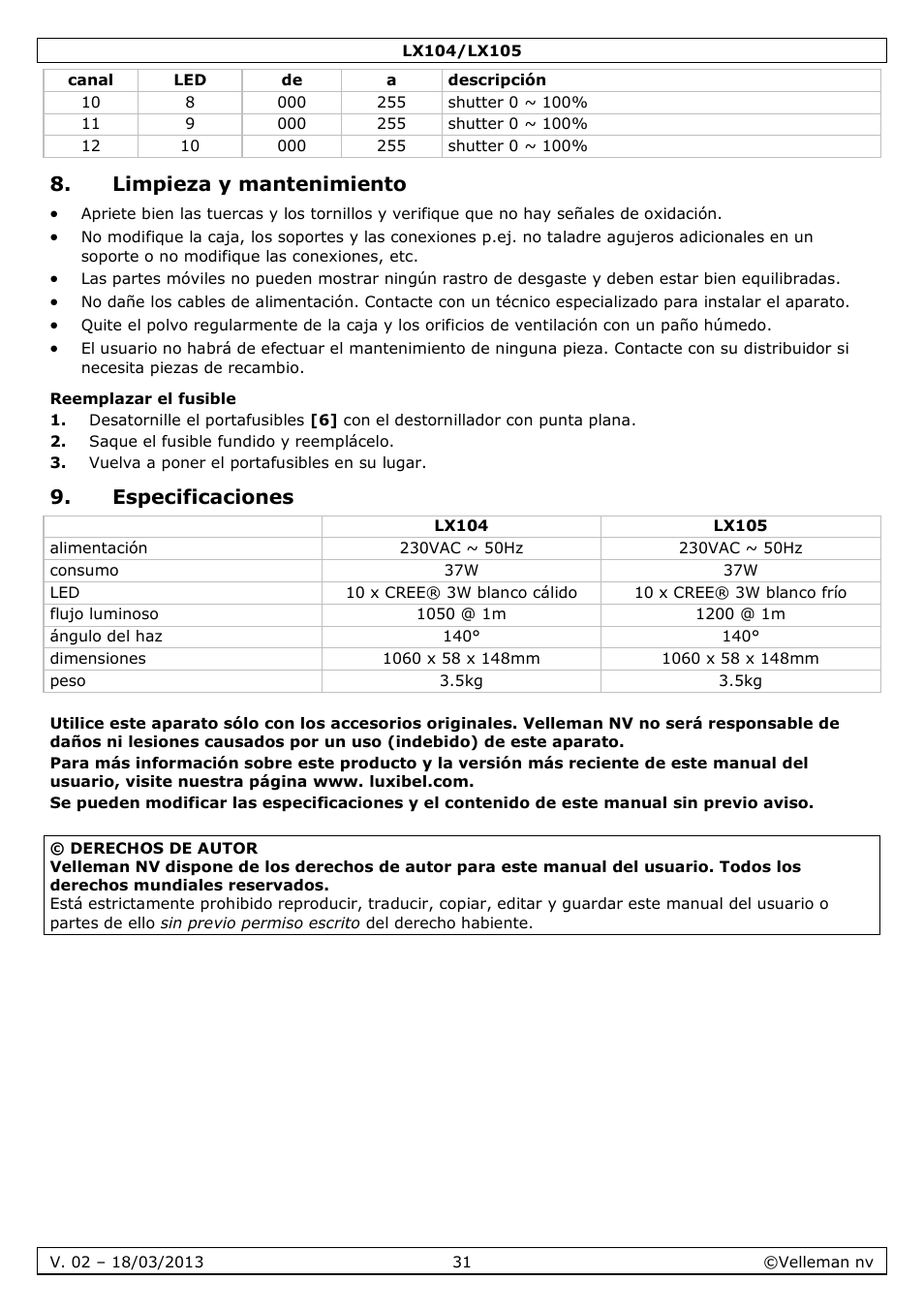 Limpieza y mantenimiento, Reemplazar el fusible, Especificaciones | Velleman LX104 User Manual | Page 31 / 40
