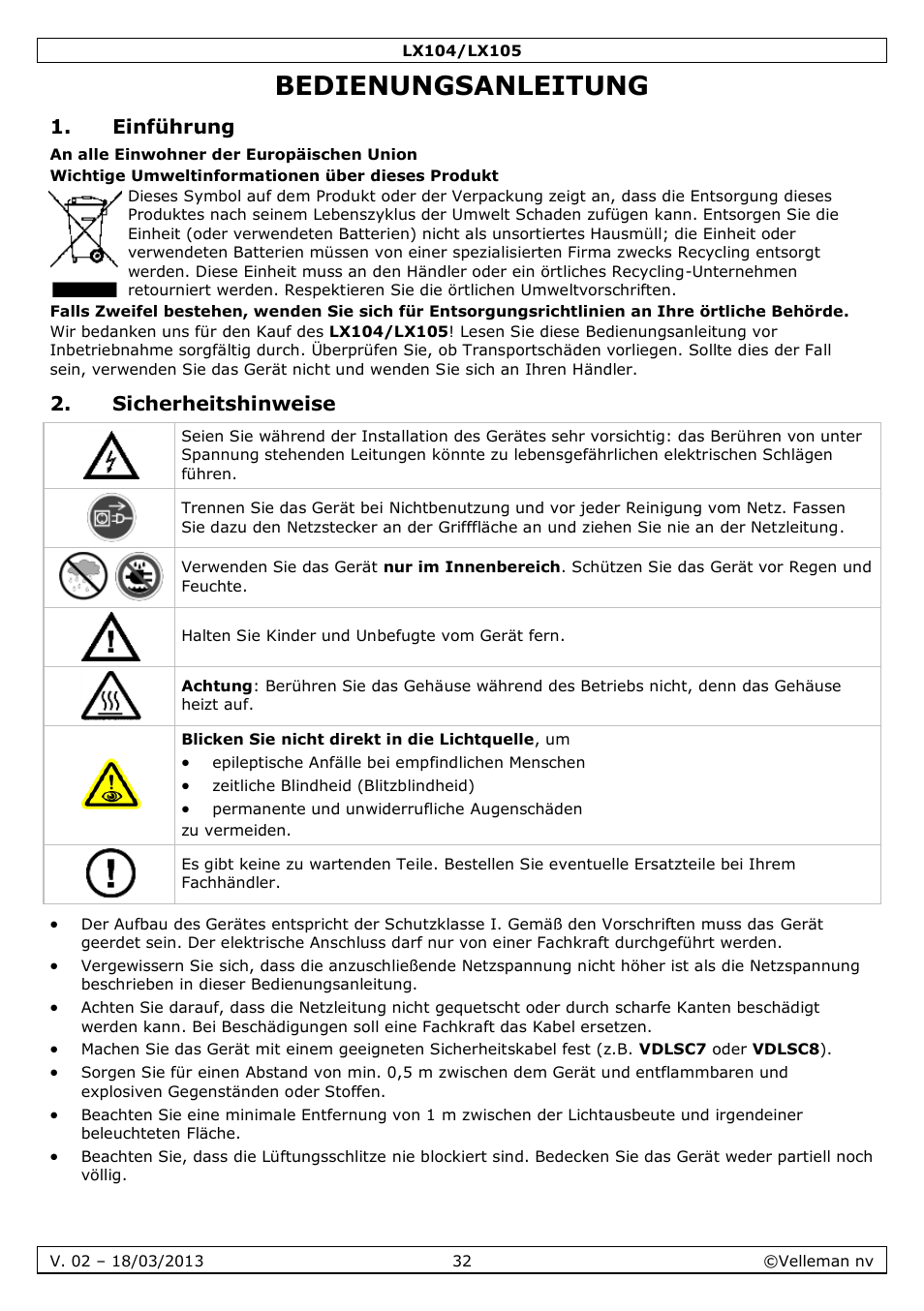 Bedienungsanleitung, Einführung, Sicherheitshinweise | Velleman LX104 User Manual | Page 32 / 40