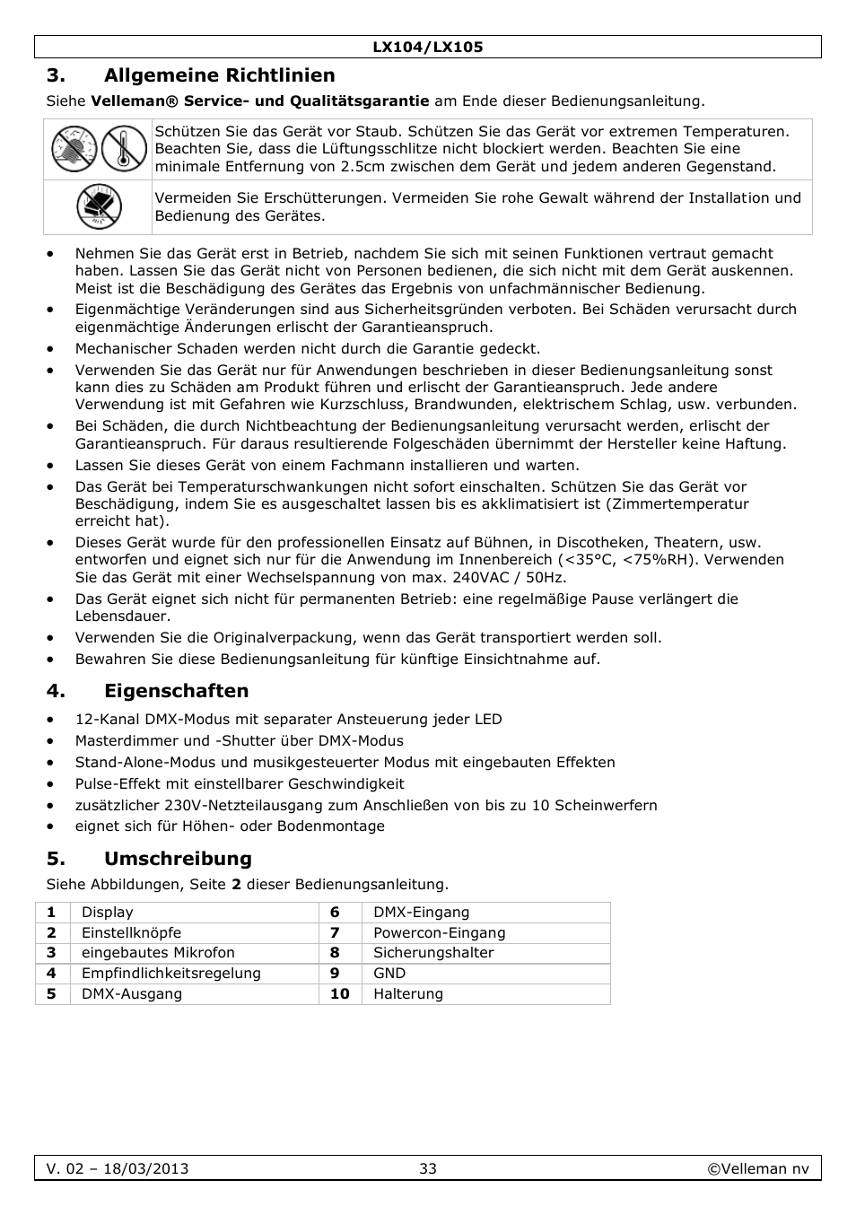 Allgemeine richtlinien, Eigenschaften, Umschreibung | Velleman LX104 User Manual | Page 33 / 40