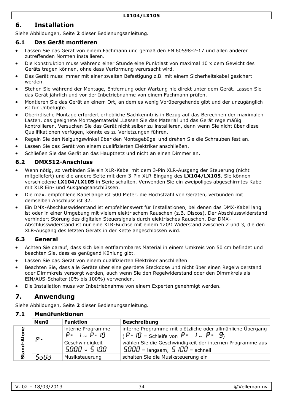 Installation, 1 das gerät montieren, 2 dmx512-anschluss | 3 general, Anwendung, 1 menüfunktionen | Velleman LX104 User Manual | Page 34 / 40