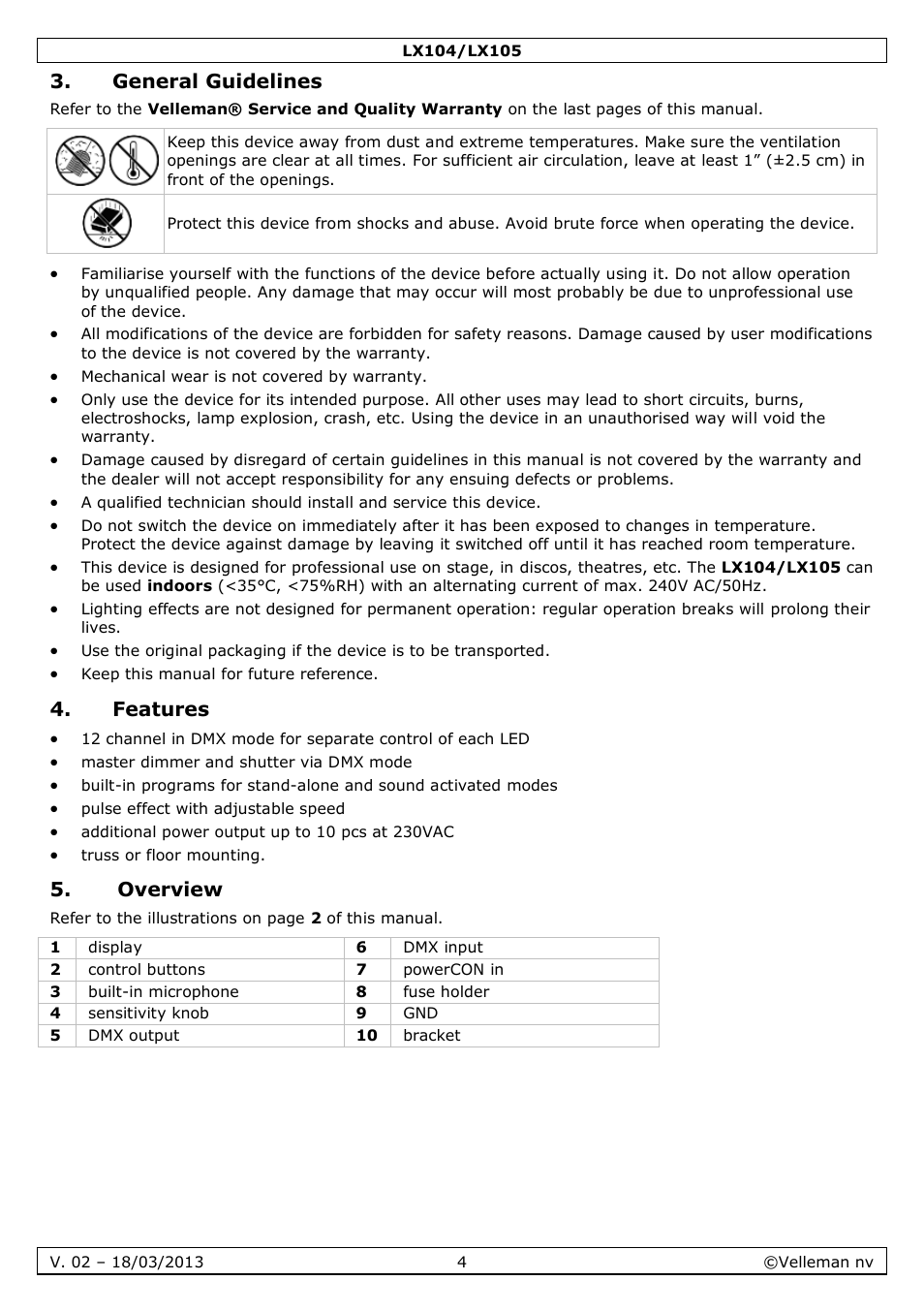 General guidelines, Features, Overview | Velleman LX104 User Manual | Page 4 / 40
