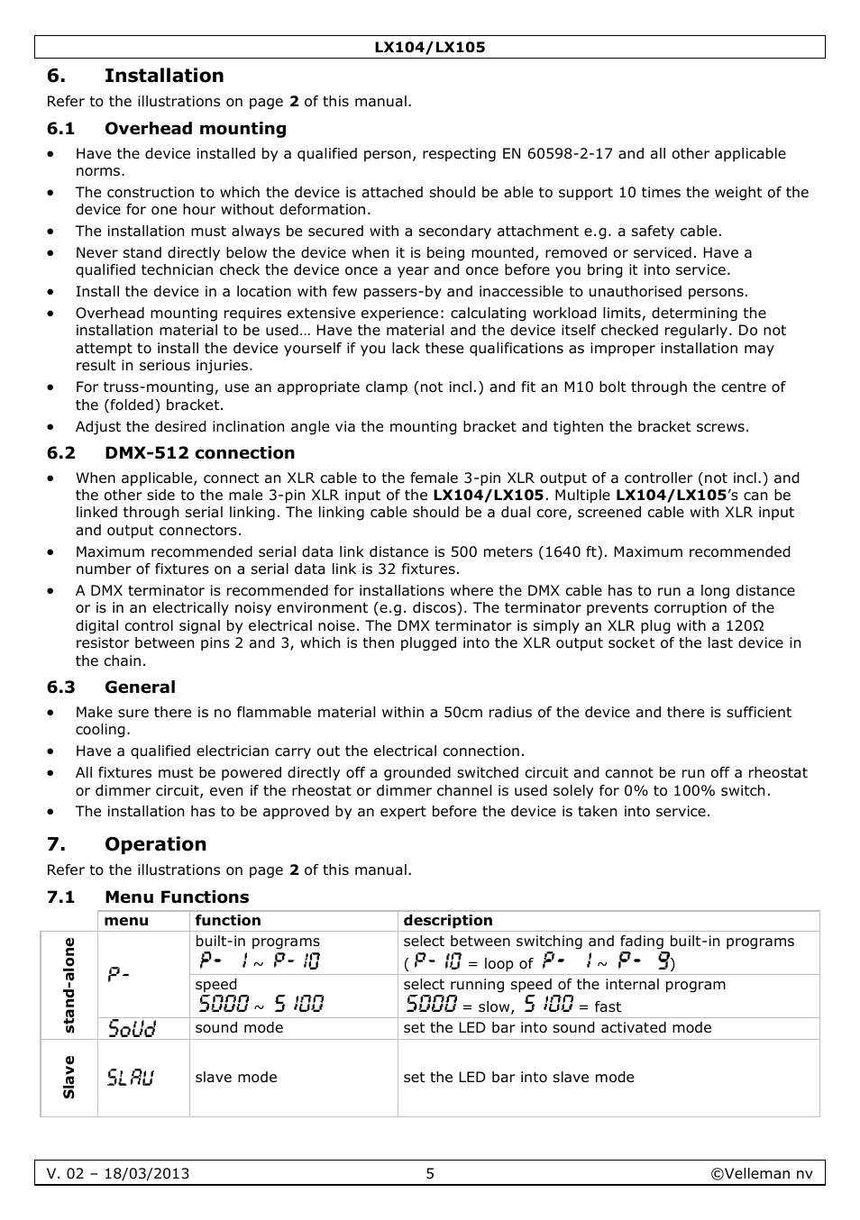 Installation, 1 overhead mounting, 2 dmx-512 connection | 3 general, Operation, 1 menu functions | Velleman LX104 User Manual | Page 5 / 40