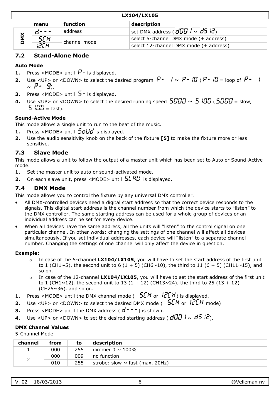 2 stand-alone mode, Auto mode, Sound-active mode | 3 slave mode, 4 dmx mode, Example, Dmx channel values | Velleman LX104 User Manual | Page 6 / 40