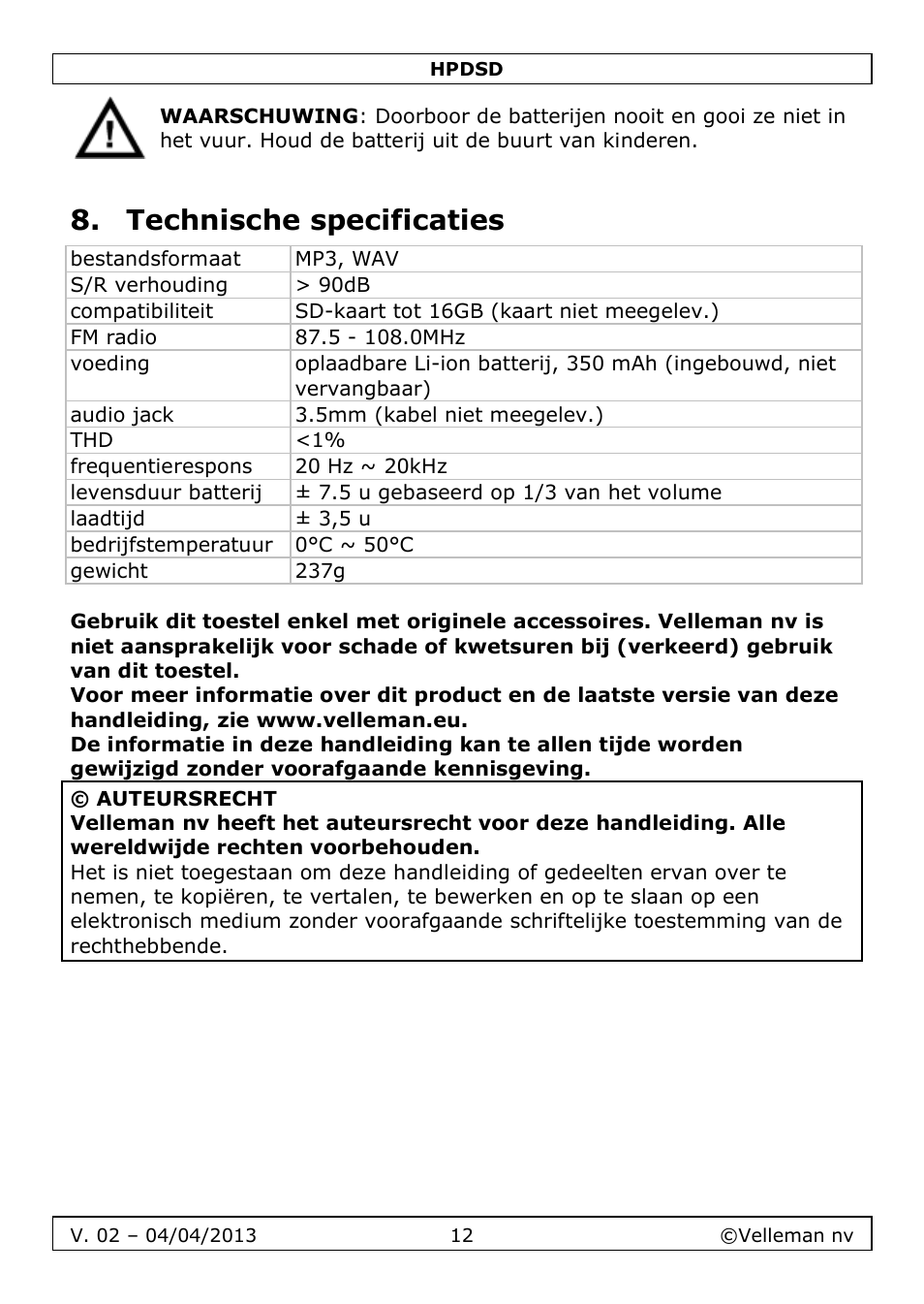 Technische specificaties | Velleman HPDSD User Manual | Page 12 / 31