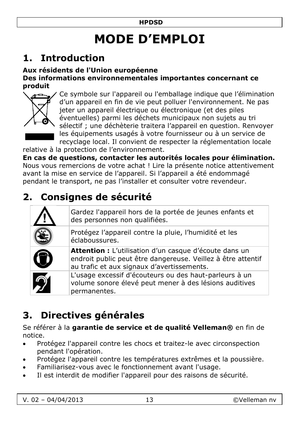 Mode d’emploi, Introduction, Consignes de sécurité | Directives générales | Velleman HPDSD User Manual | Page 13 / 31