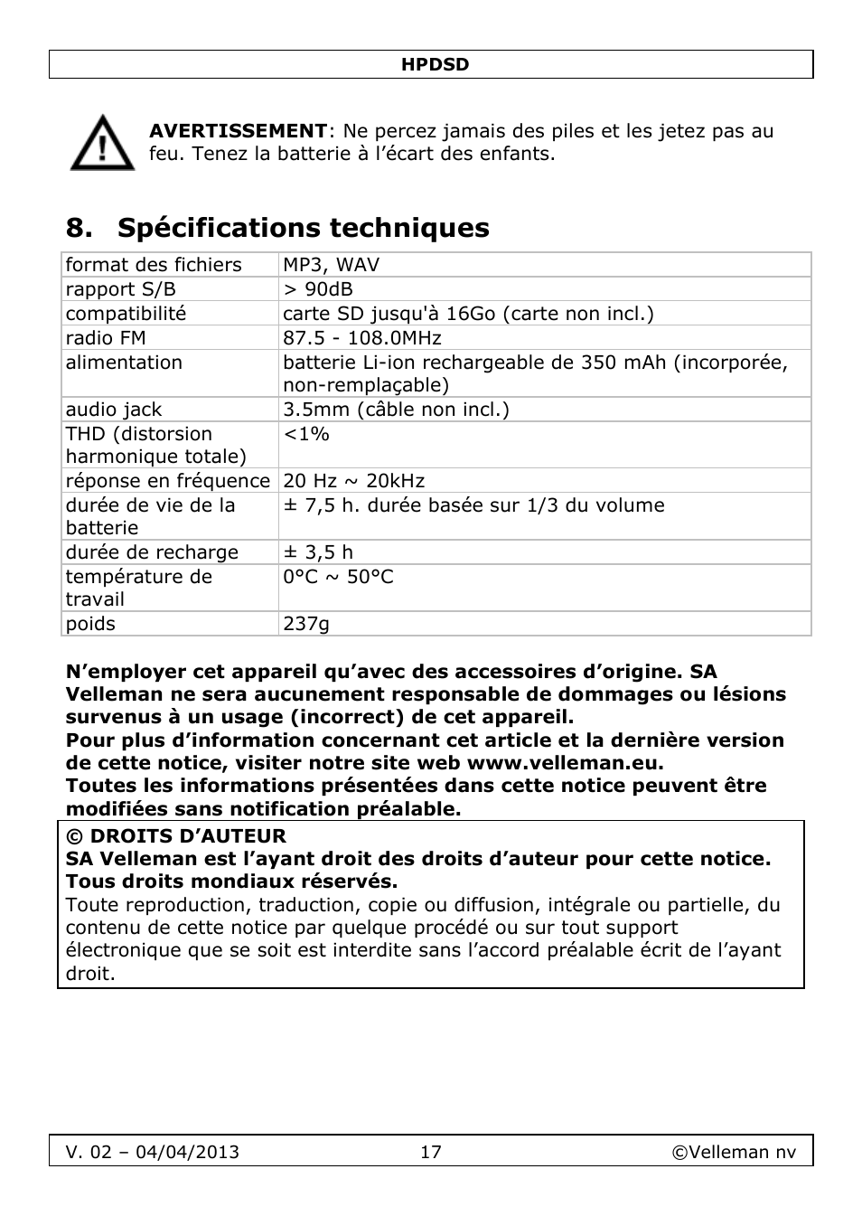 Spécifications techniques | Velleman HPDSD User Manual | Page 17 / 31