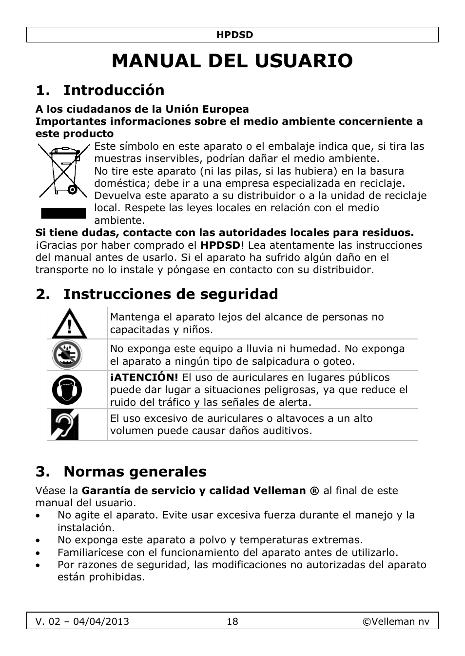 Manual del usuario, Introducción, Instrucciones de seguridad | Normas generales | Velleman HPDSD User Manual | Page 18 / 31