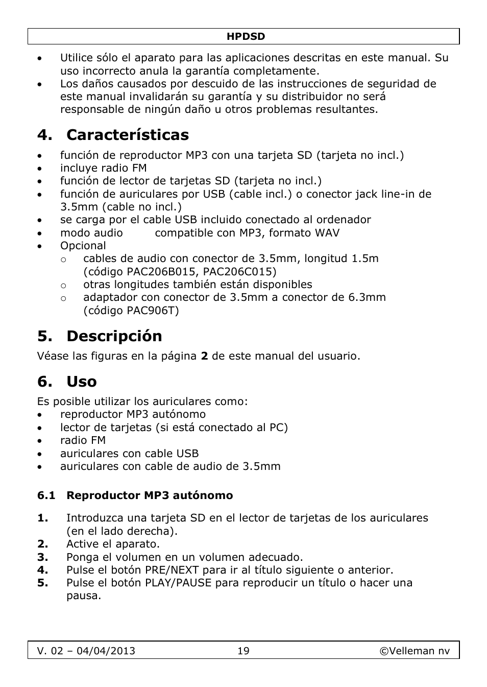 Características, Descripción, 1 reproductor mp3 autónomo | Velleman HPDSD User Manual | Page 19 / 31