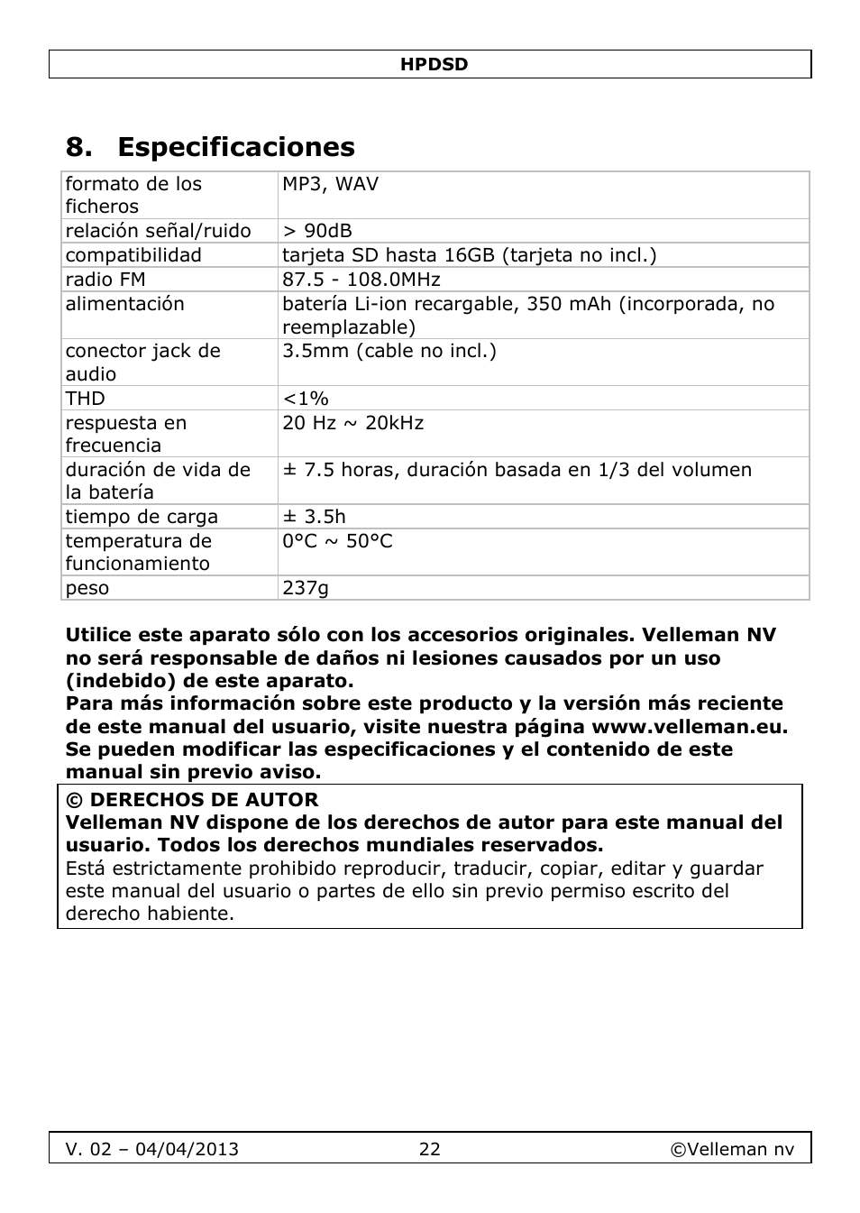 Especificaciones | Velleman HPDSD User Manual | Page 22 / 31