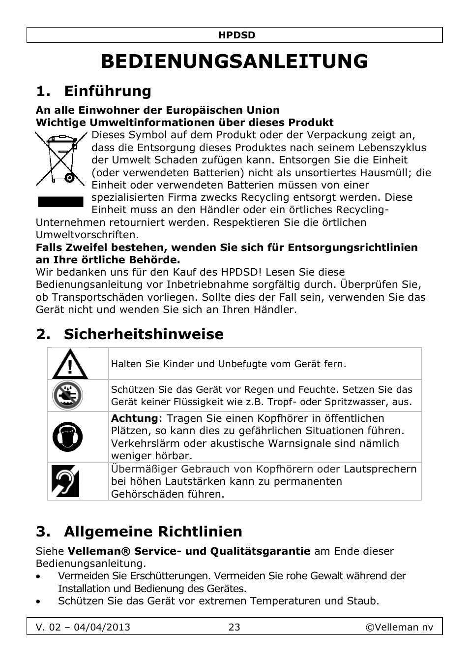 Bedienungsanleitung, Einführung, Sicherheitshinweise | Allgemeine richtlinien | Velleman HPDSD User Manual | Page 23 / 31