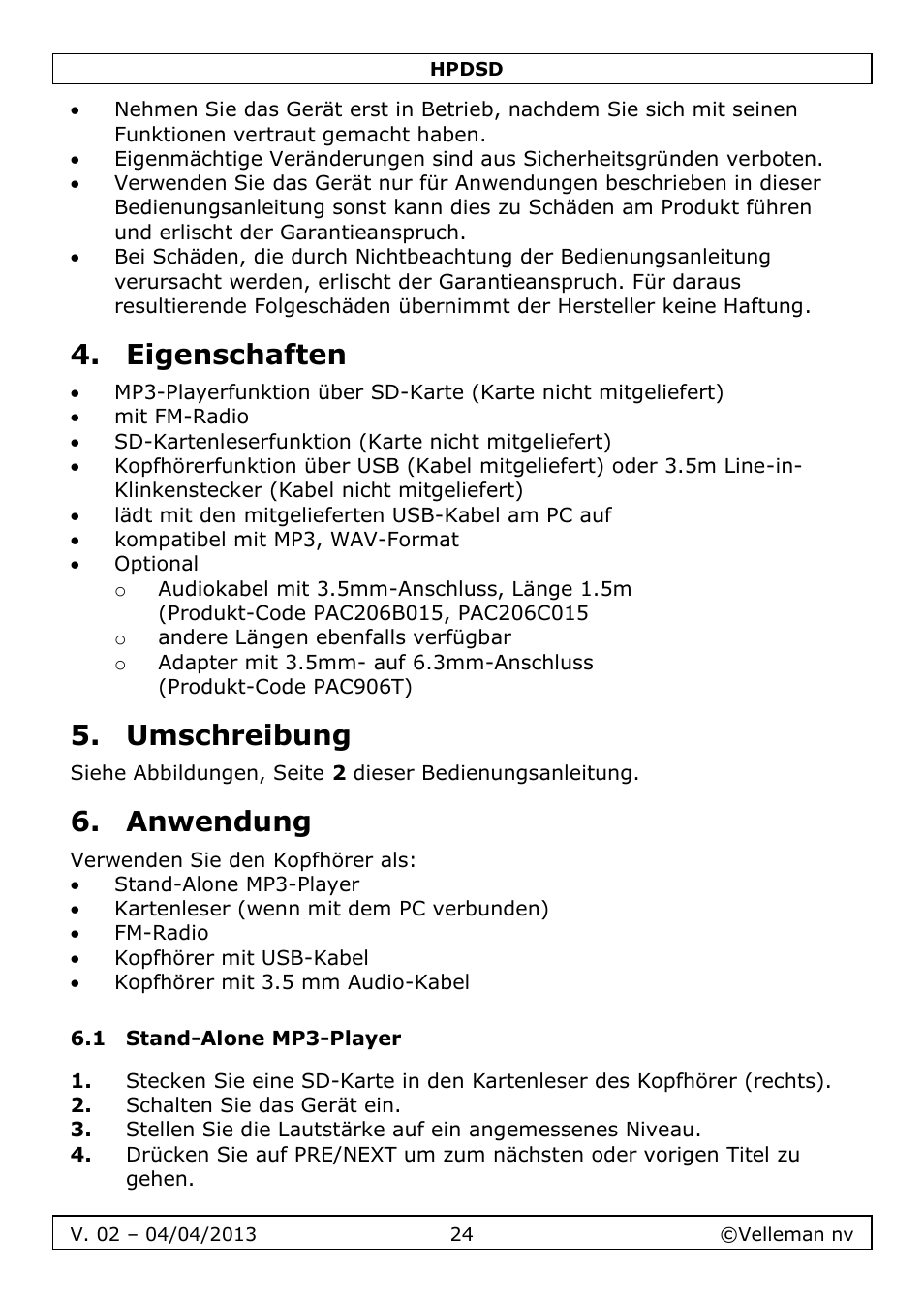 Eigenschaften, Umschreibung, Anwendung | 1 stand-alone mp3-player | Velleman HPDSD User Manual | Page 24 / 31