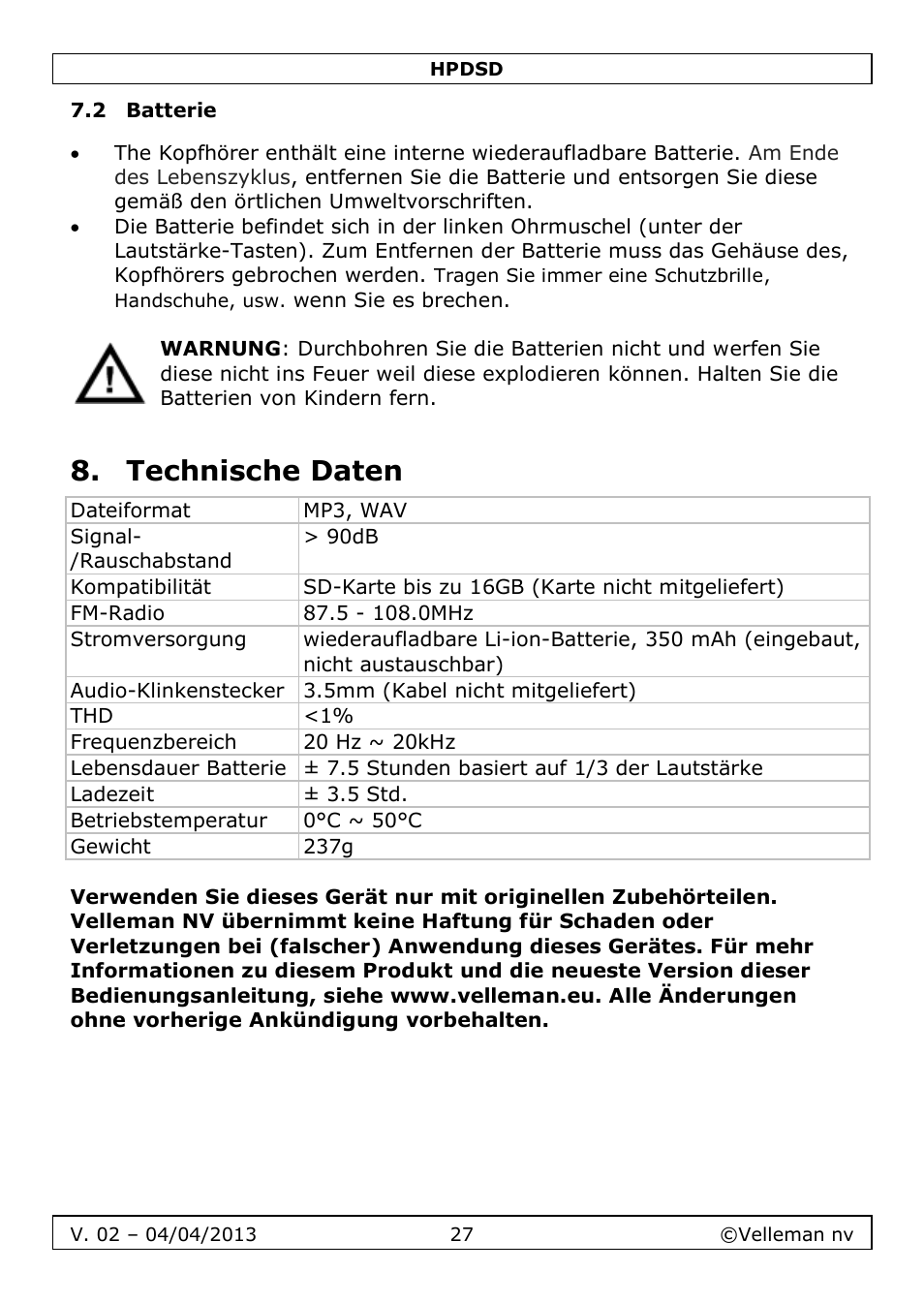 2 batterie, Technische daten | Velleman HPDSD User Manual | Page 27 / 31