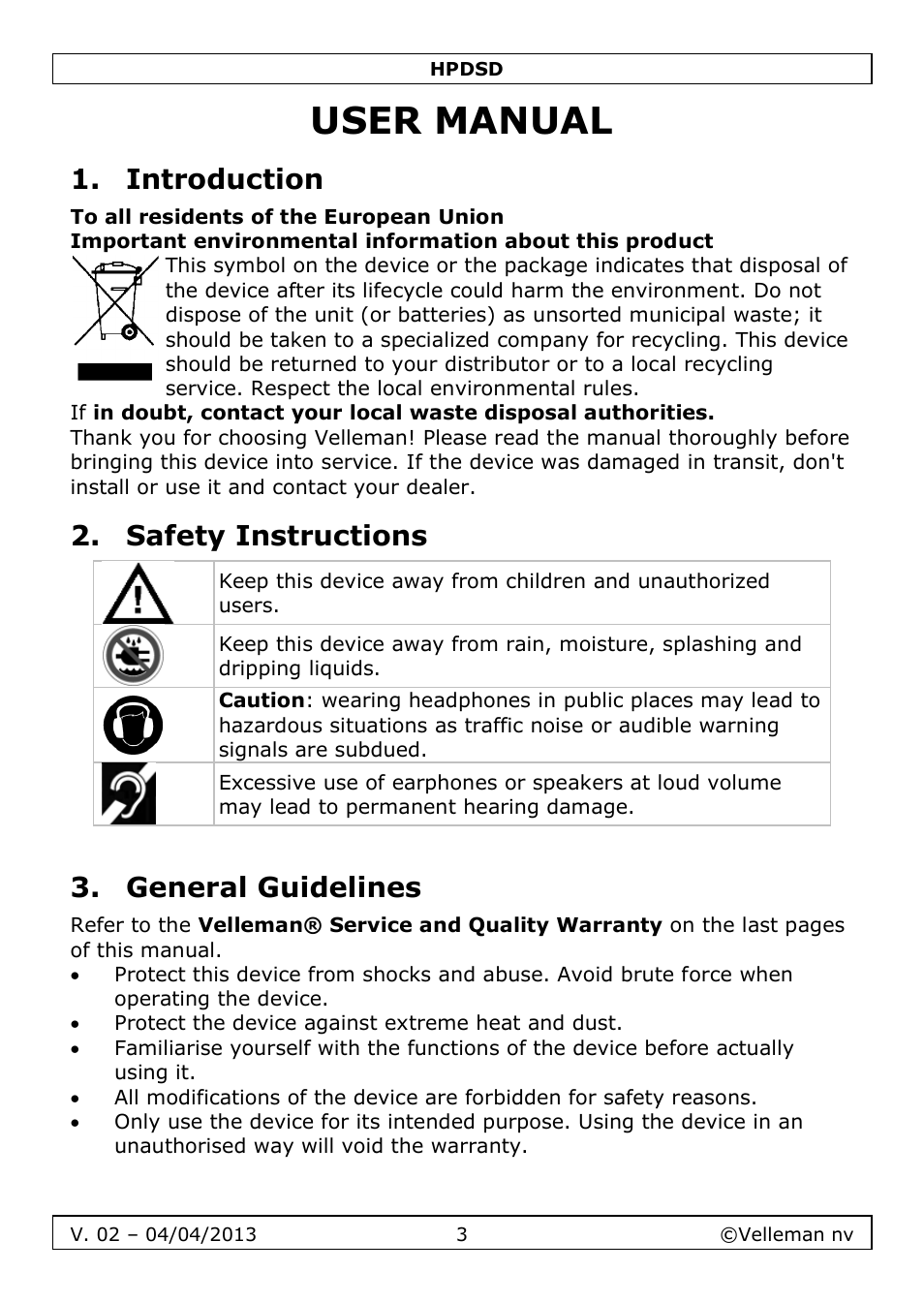 User manual, Introduction, Safety instructions | General guidelines | Velleman HPDSD User Manual | Page 3 / 31