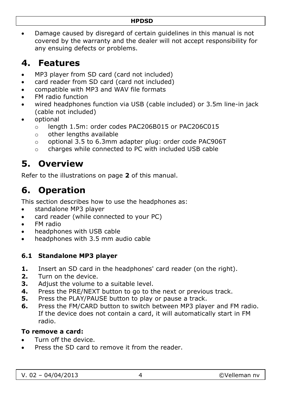 Features, Overview, Operation | 1 standalone mp3 player, To remove a card | Velleman HPDSD User Manual | Page 4 / 31