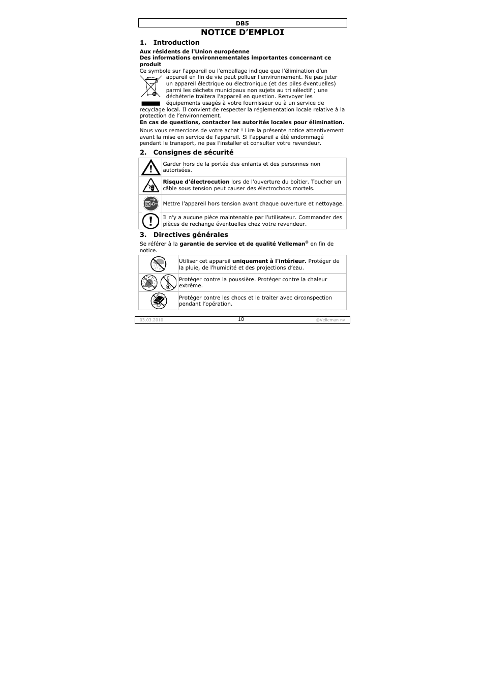 Otice d’e, Emploi | Velleman DB5 User Manual | Page 10 / 22