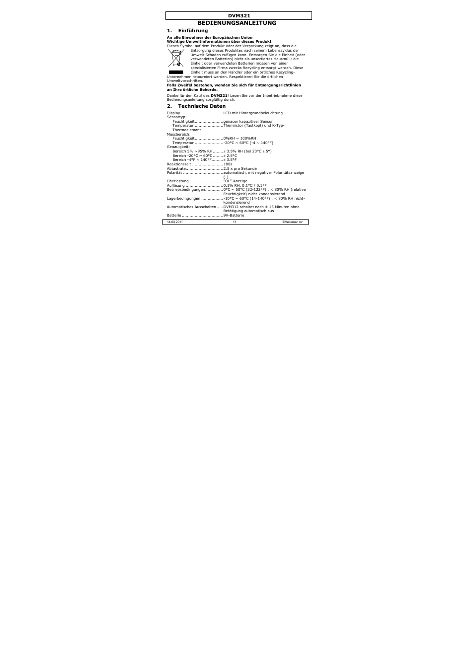Bedienungs, Sanleitung | Velleman DVM321 User Manual | Page 11 / 23