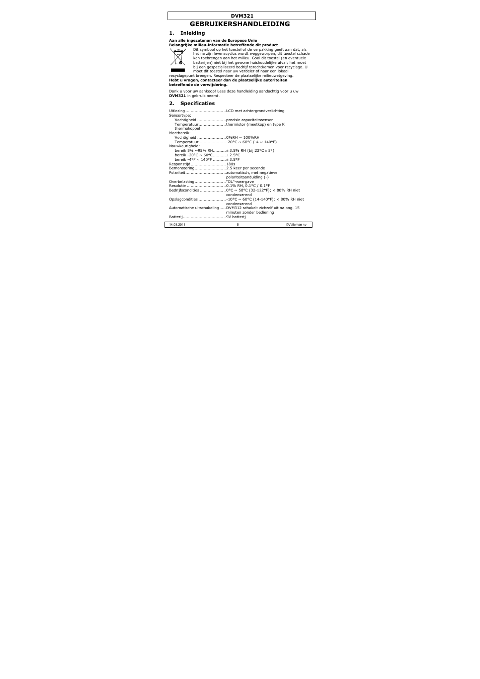 Ebruikersh, Andleiding | Velleman DVM321 User Manual | Page 5 / 23