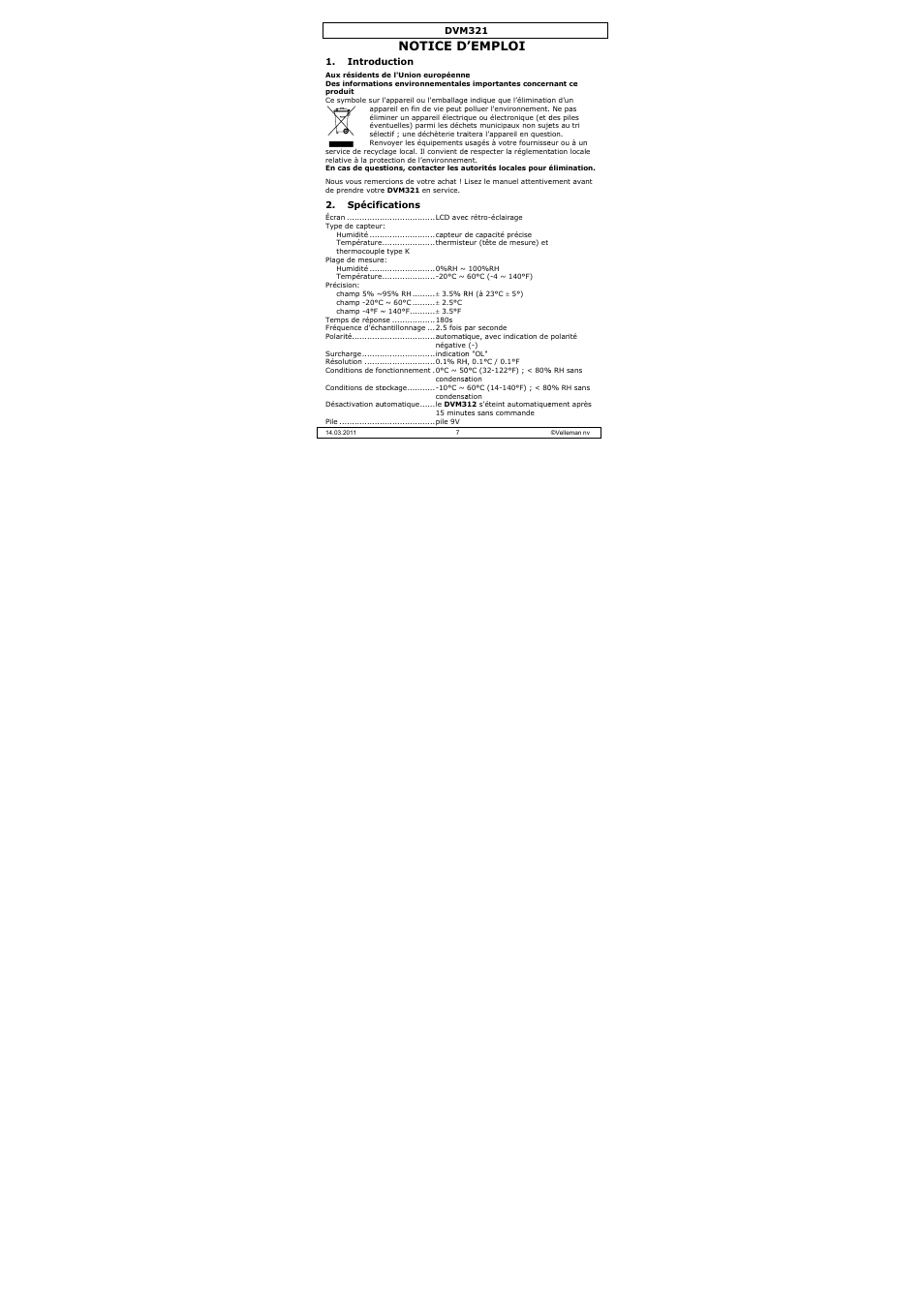 Notice d, D’emploi | Velleman DVM321 User Manual | Page 7 / 23
