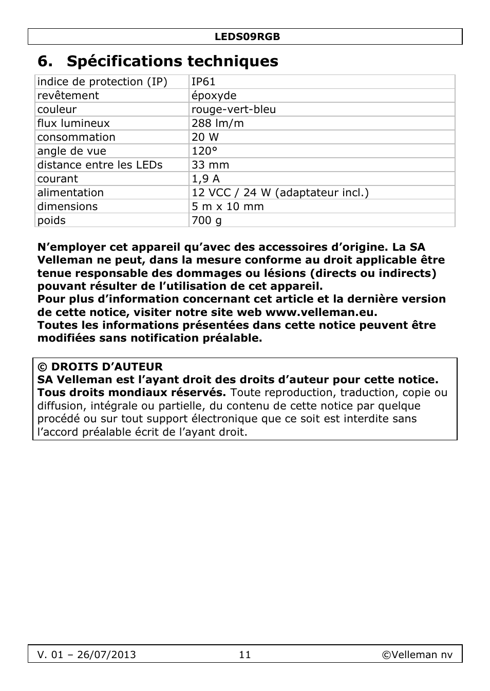 Spécifications techniques | Velleman LEDS09RGB User Manual | Page 11 / 23
