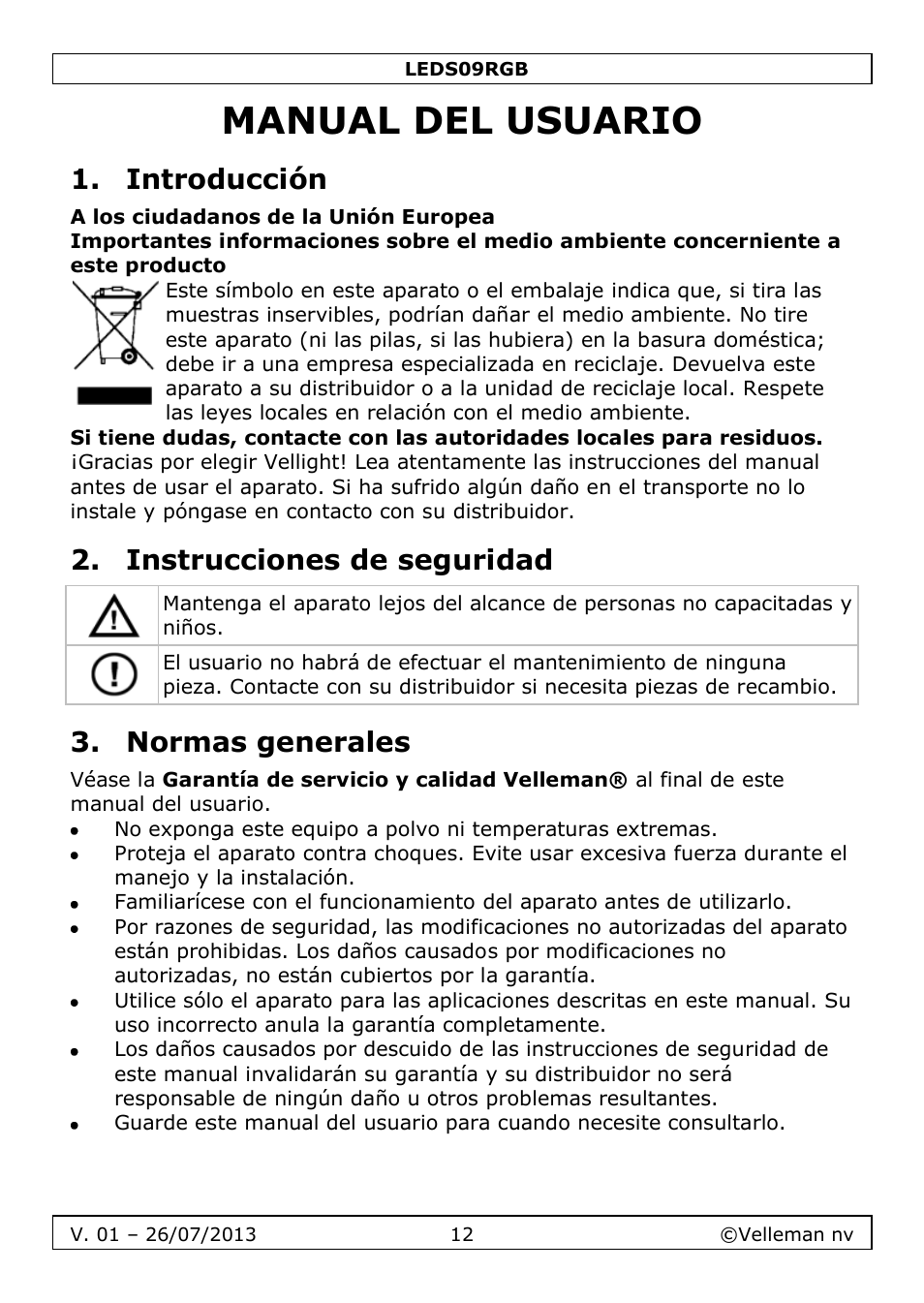 Manual del usuario, Introducción, Instrucciones de seguridad | Normas generales | Velleman LEDS09RGB User Manual | Page 12 / 23