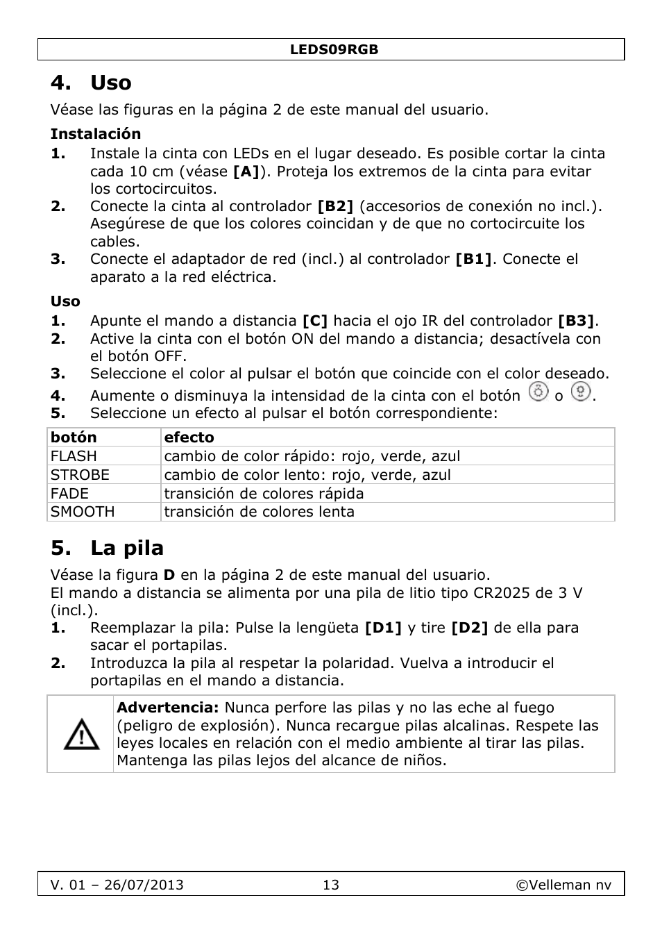 Instalación, La pila | Velleman LEDS09RGB User Manual | Page 13 / 23