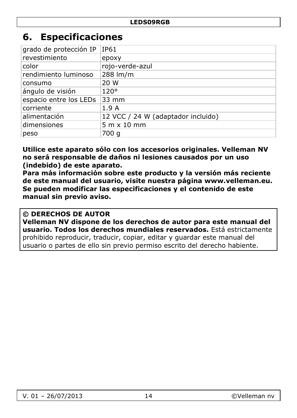 Especificaciones | Velleman LEDS09RGB User Manual | Page 14 / 23