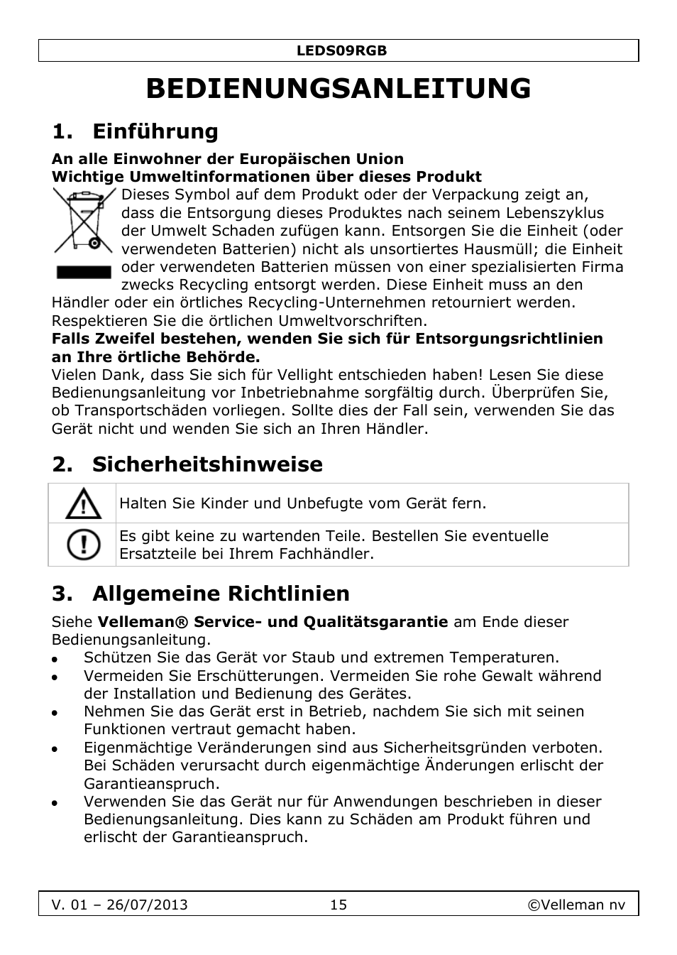 Bedienungsanleitung, Einführung, Sicherheitshinweise | Allgemeine richtlinien | Velleman LEDS09RGB User Manual | Page 15 / 23