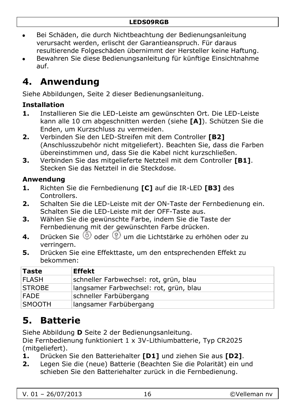 Anwendung, Installation, Batterie | Velleman LEDS09RGB User Manual | Page 16 / 23