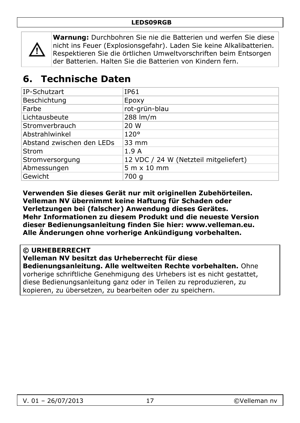 Technische daten | Velleman LEDS09RGB User Manual | Page 17 / 23