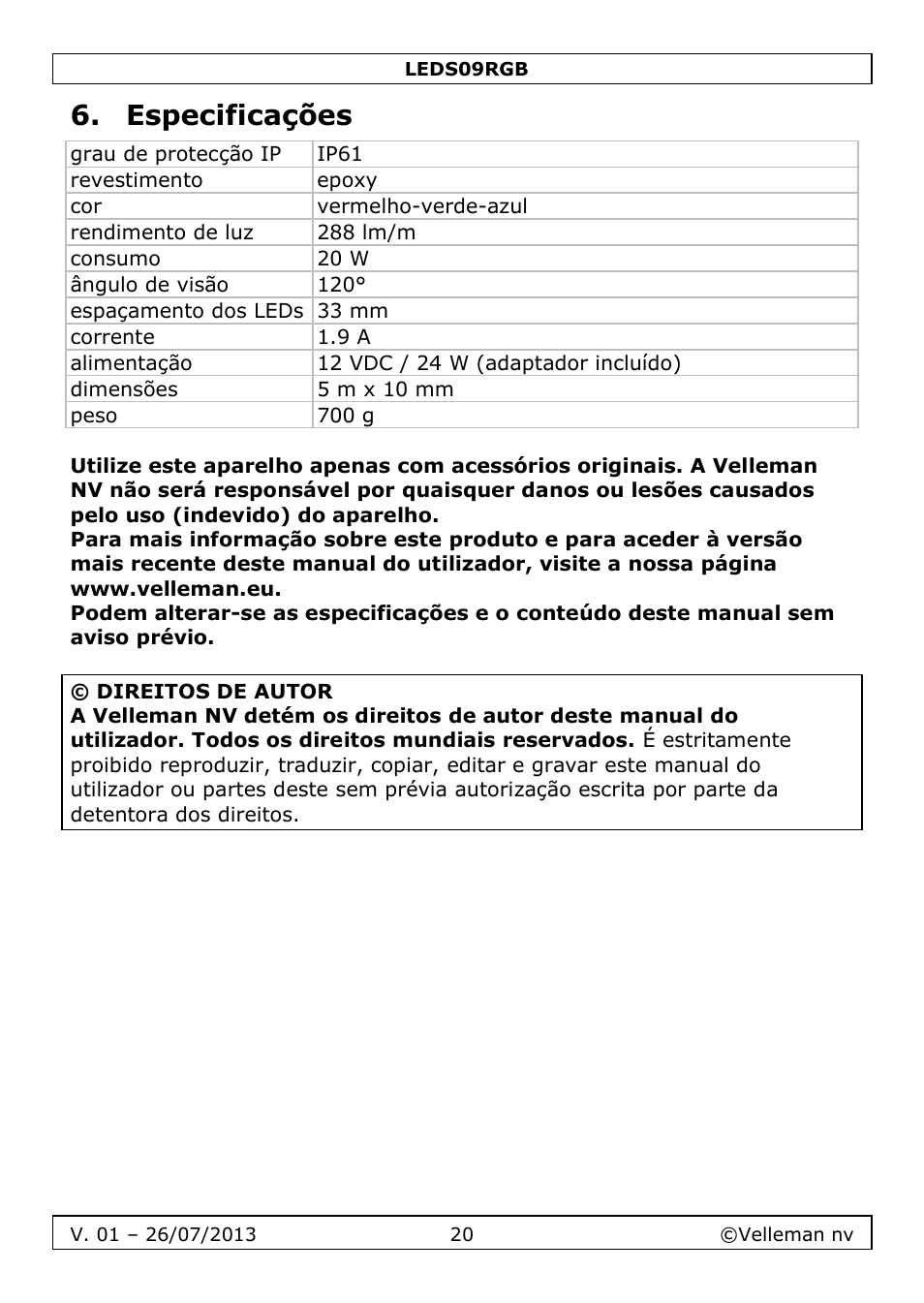 Especificações | Velleman LEDS09RGB User Manual | Page 20 / 23