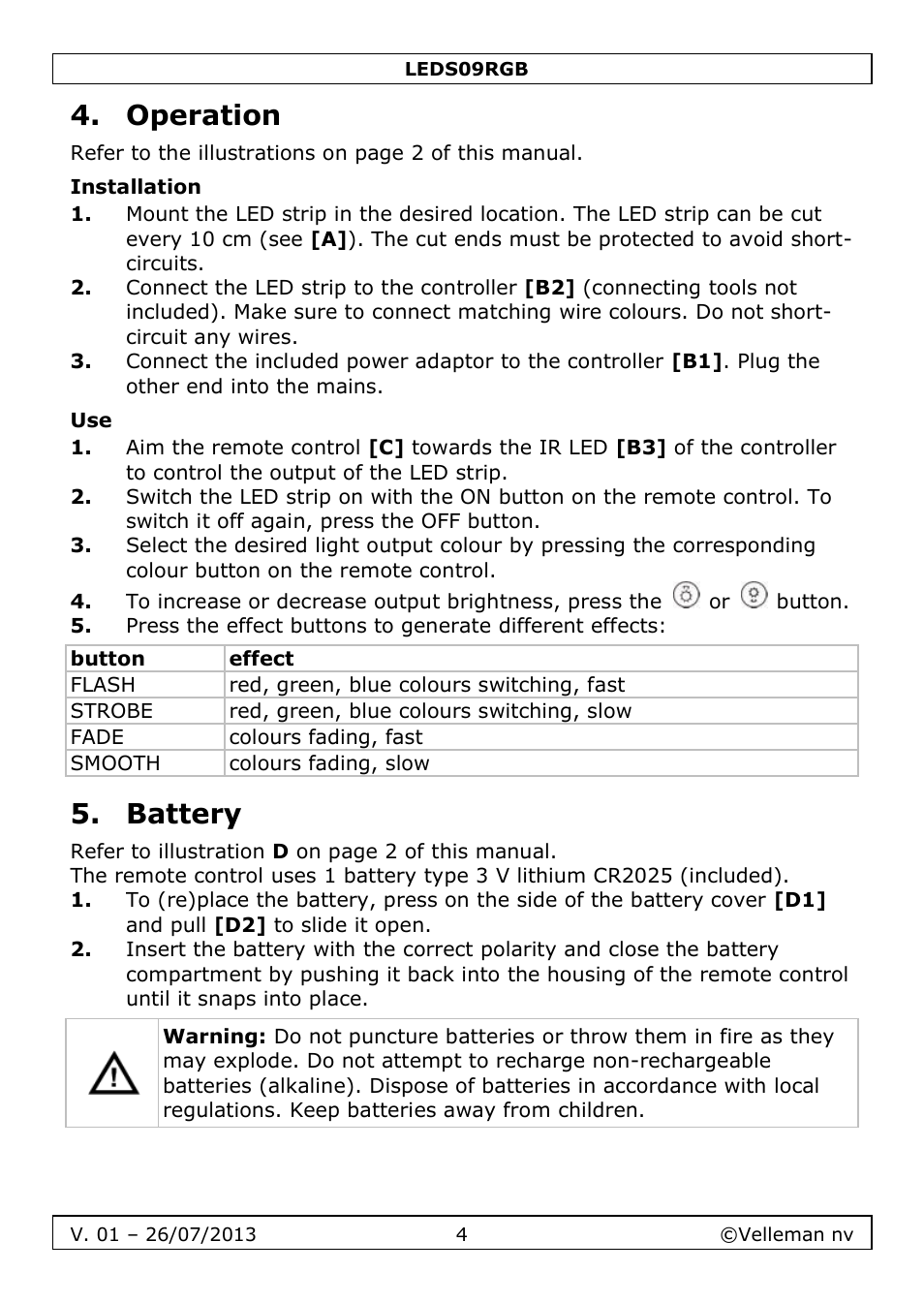 Operation, Installation, Battery | Velleman LEDS09RGB User Manual | Page 4 / 23