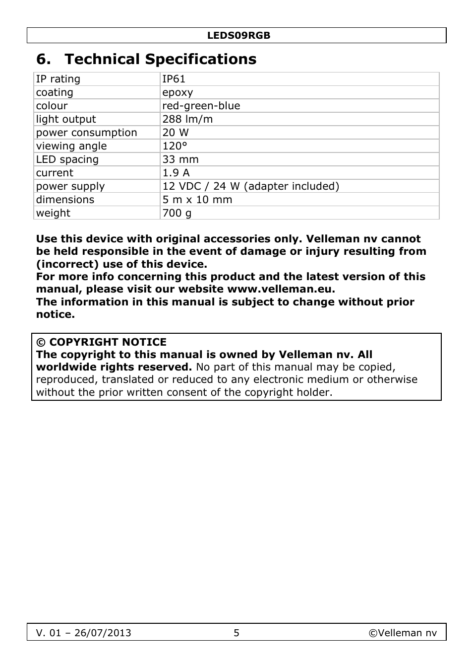 Technical specifications | Velleman LEDS09RGB User Manual | Page 5 / 23