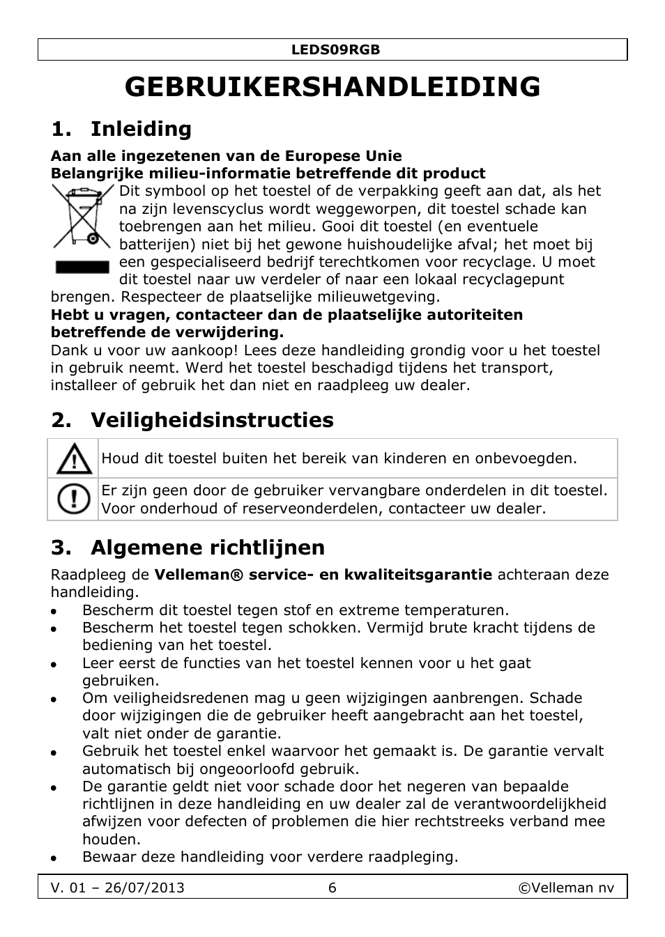 Gebruikershandleiding, Inleiding, Veiligheidsinstructies | Algemene richtlijnen | Velleman LEDS09RGB User Manual | Page 6 / 23