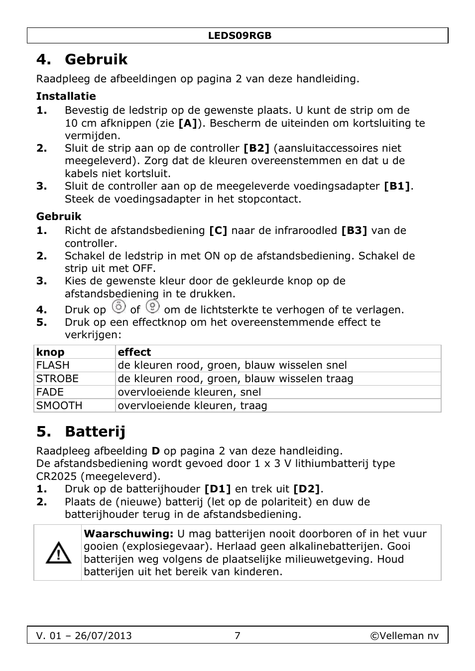Gebruik, Installatie, Batterij | Velleman LEDS09RGB User Manual | Page 7 / 23