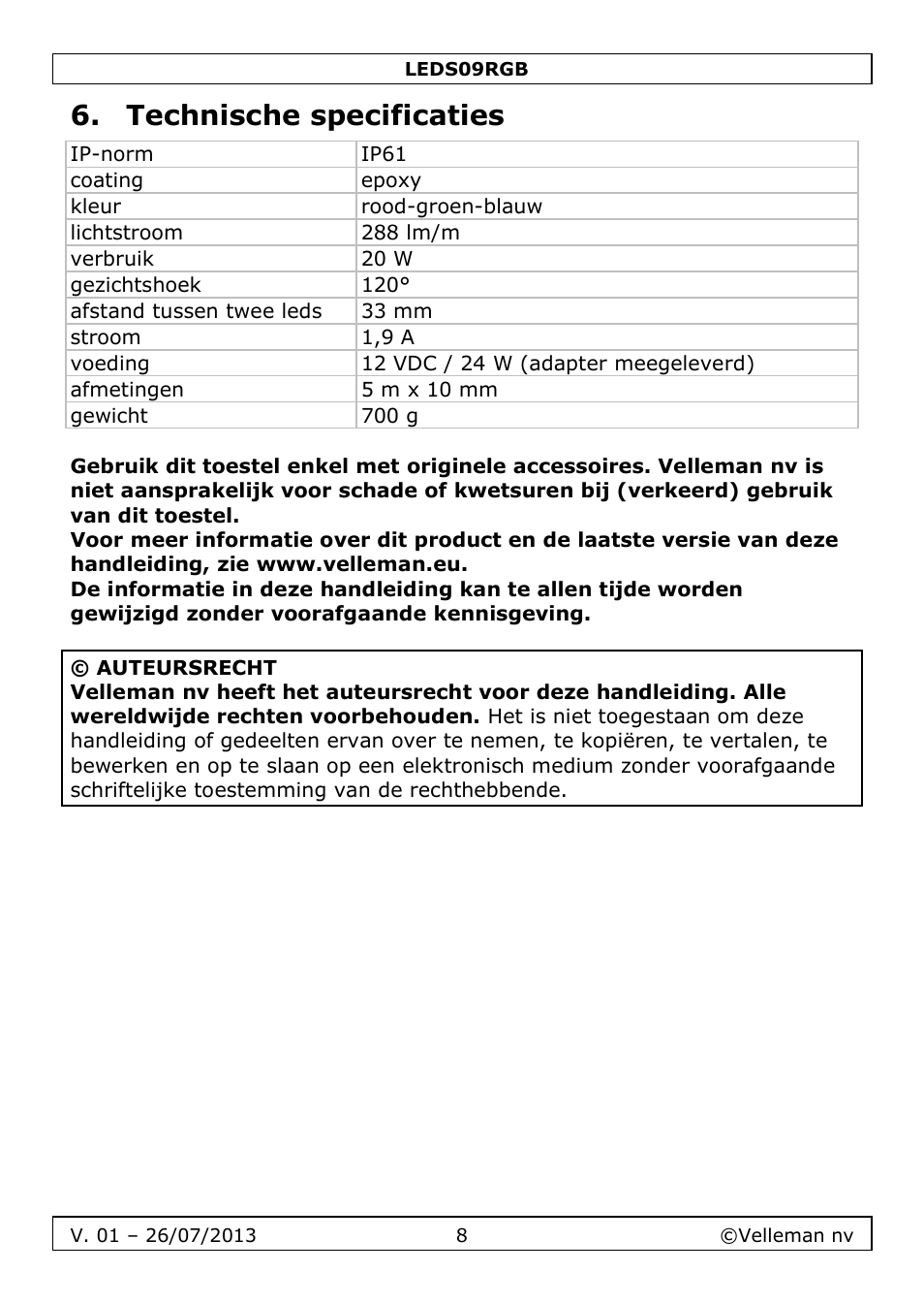 Technische specificaties | Velleman LEDS09RGB User Manual | Page 8 / 23
