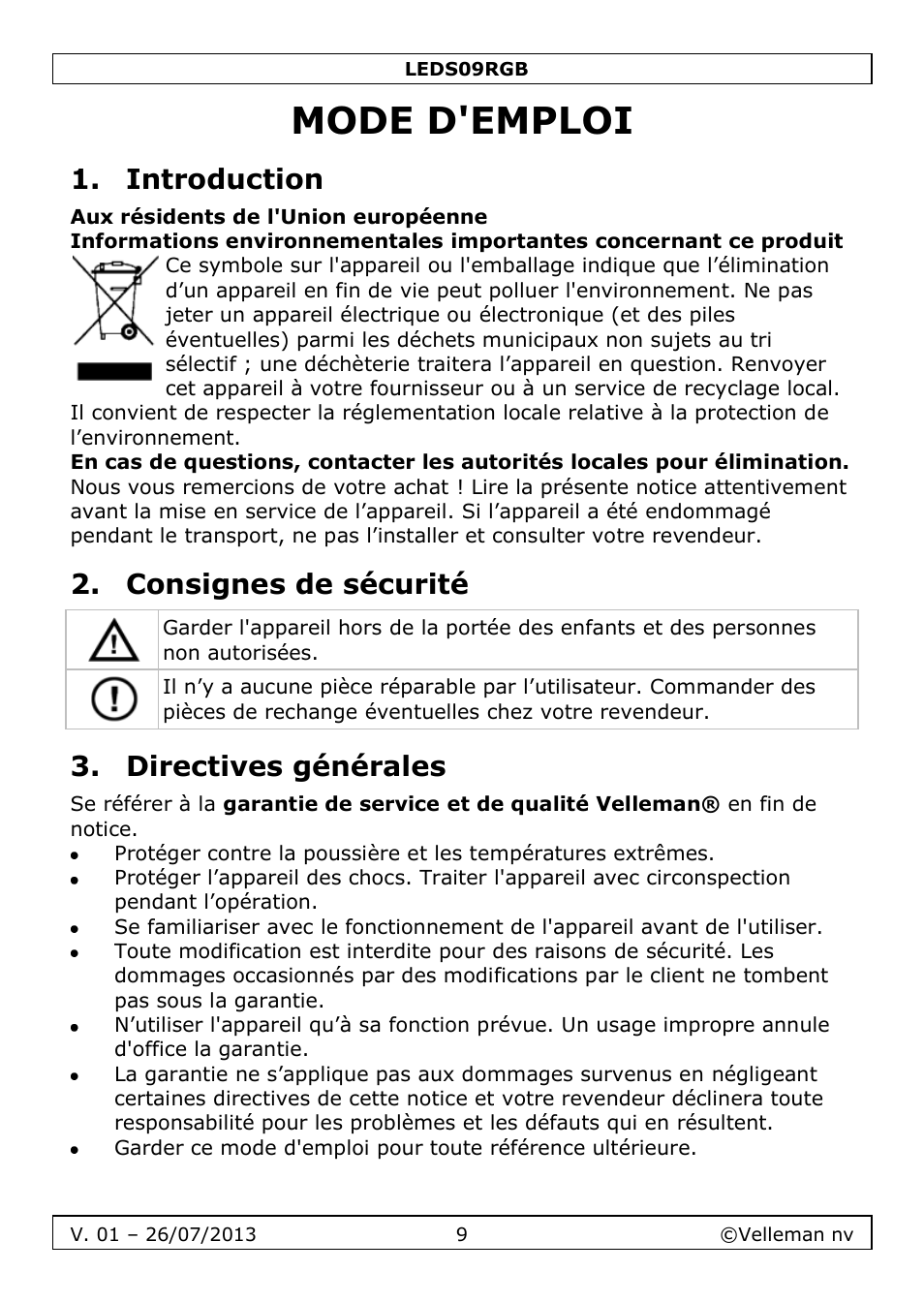 Mode d'emploi, Introduction, Consignes de sécurité | Directives générales | Velleman LEDS09RGB User Manual | Page 9 / 23