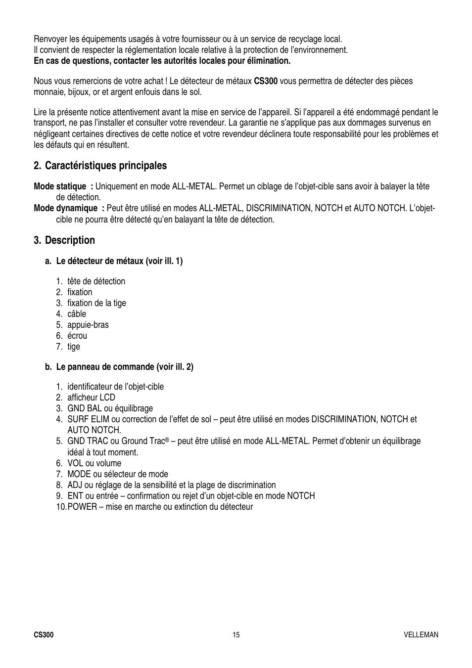 Caractéristiques principales, Description | Velleman CS300 User Manual | Page 15 / 40