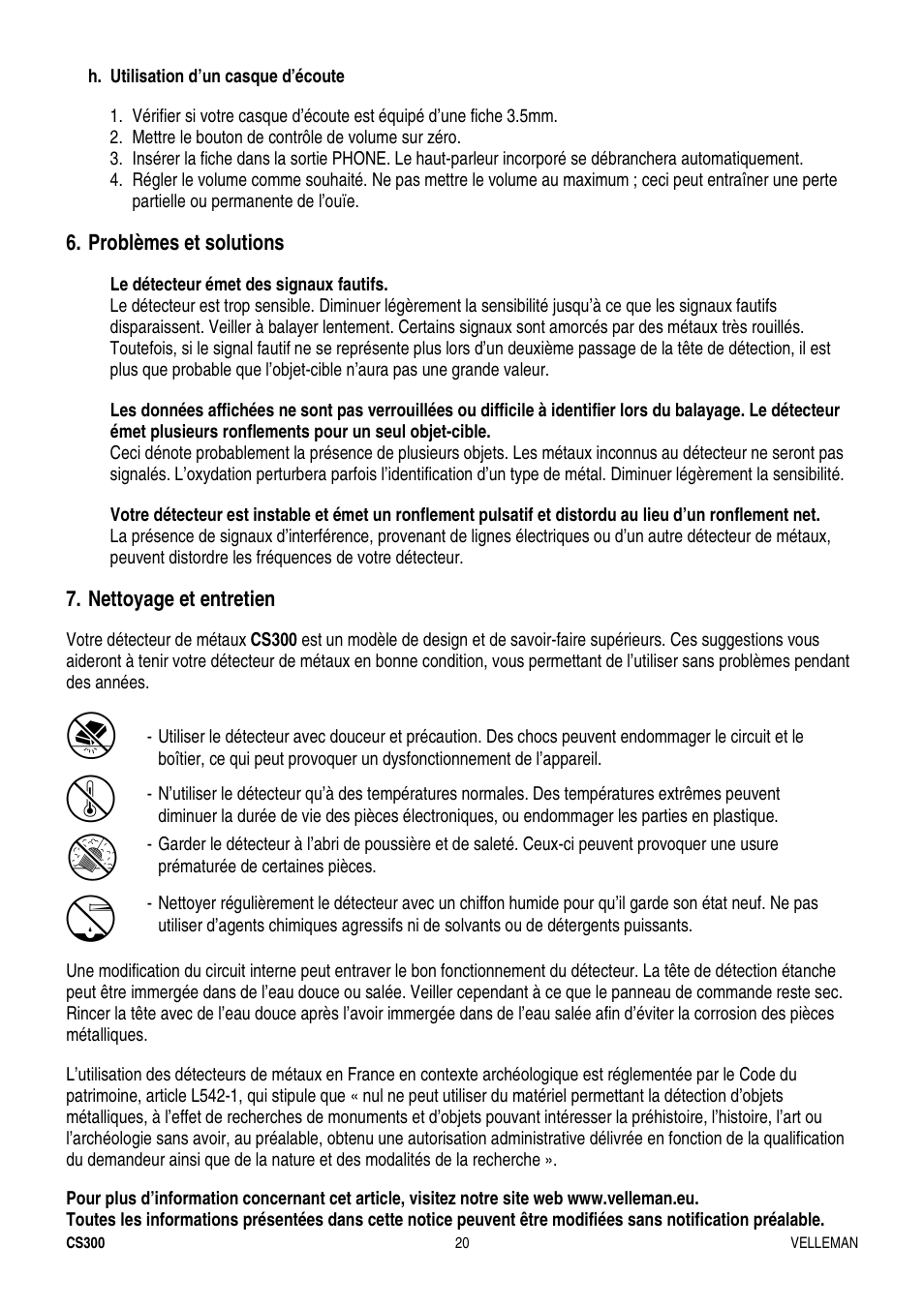 Problèmes et solutions, Nettoyage et entretien | Velleman CS300 User Manual | Page 20 / 40