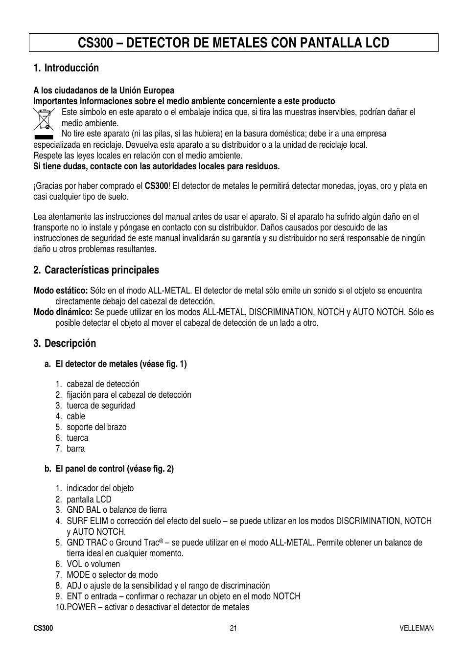 Cs300 – detector de metales con pantalla lcd | Velleman CS300 User Manual | Page 21 / 40