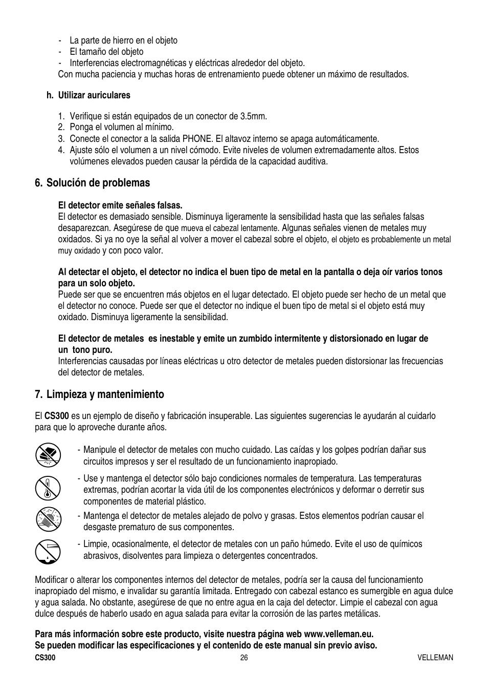 Solución de problemas, Limpieza y mantenimiento | Velleman CS300 User Manual | Page 26 / 40