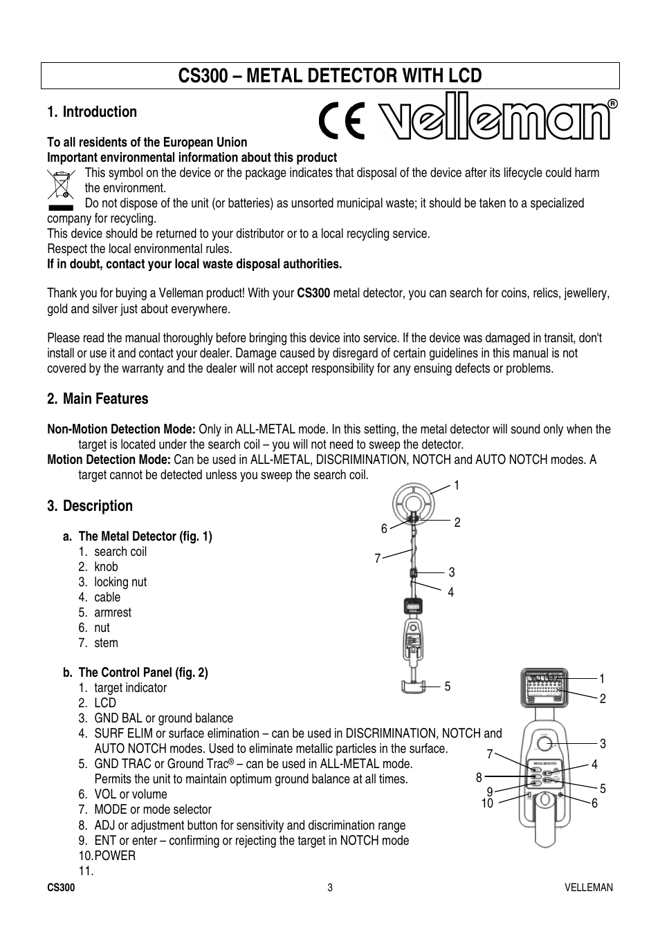 Cs300 – metal detector with lcd | Velleman CS300 User Manual | Page 3 / 40